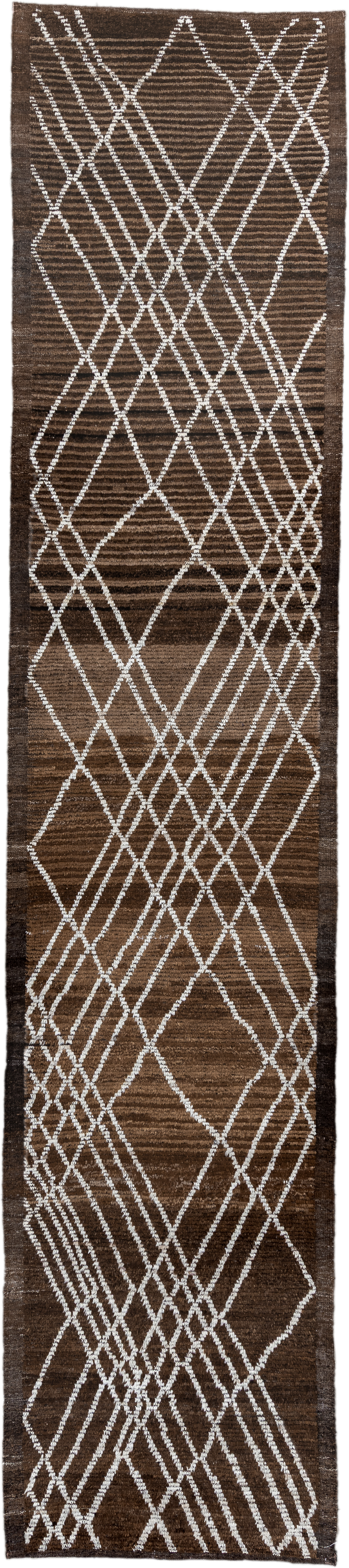 3' x 15' one-of-a-kind handmade vintage Tulu runner rug. Color palette: brown, ivory, taupe, charcoal, beige, gray, black