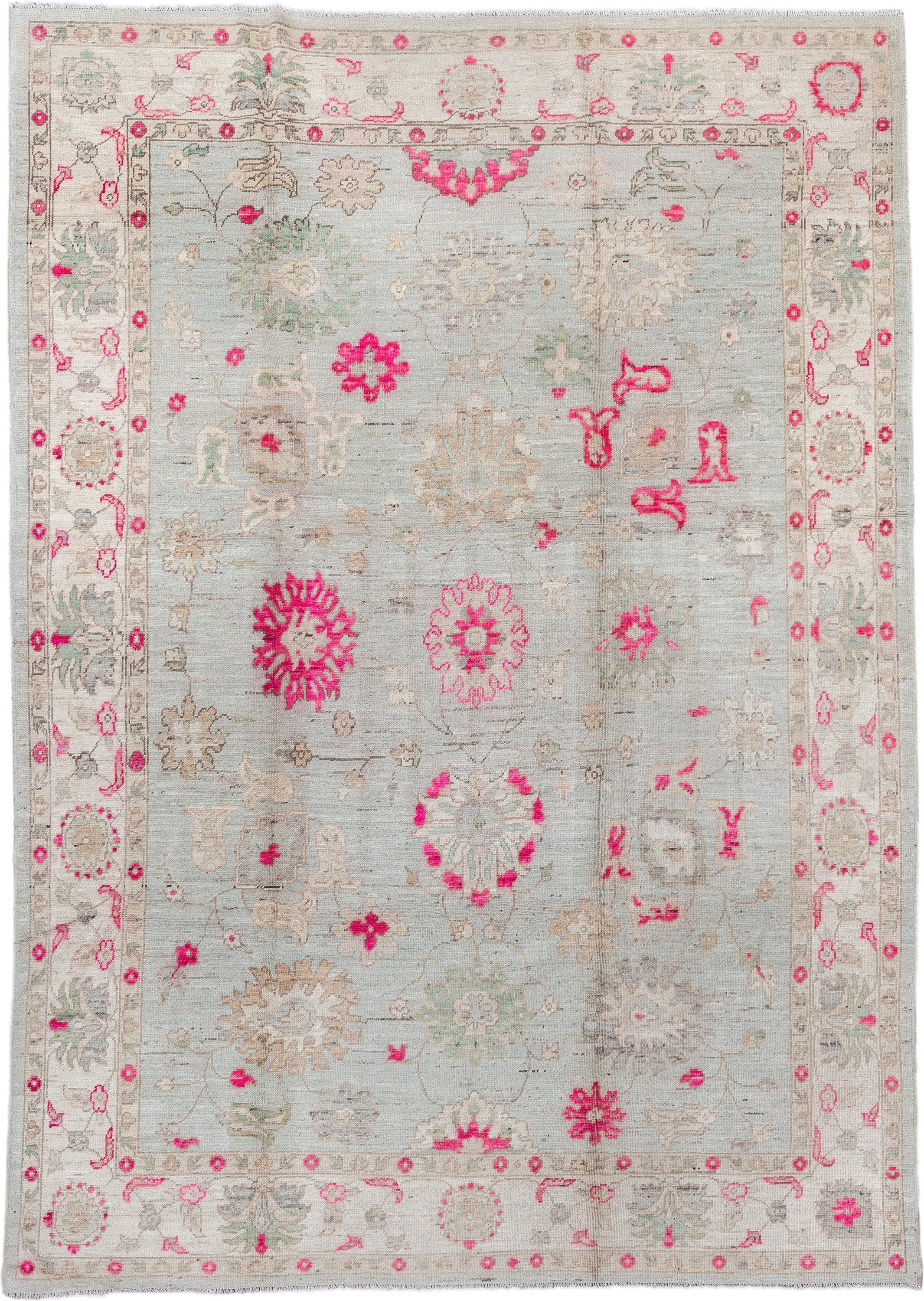 9' x 12' one-of-a-kind handmade vintage Oushak large size rug. Color palette: ivory, pale blue, hot pink, taupe, sage, cream