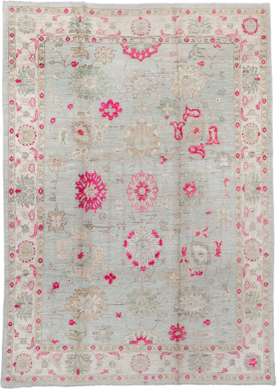 9' x 12' one-of-a-kind handmade vintage Oushak large size rug. Color palette: ivory, pale blue, hot pink, taupe, sage, cream