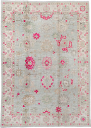 9' x 12' one-of-a-kind handmade vintage Oushak large size rug. Color palette: ivory, pale blue, hot pink, taupe, sage, cream