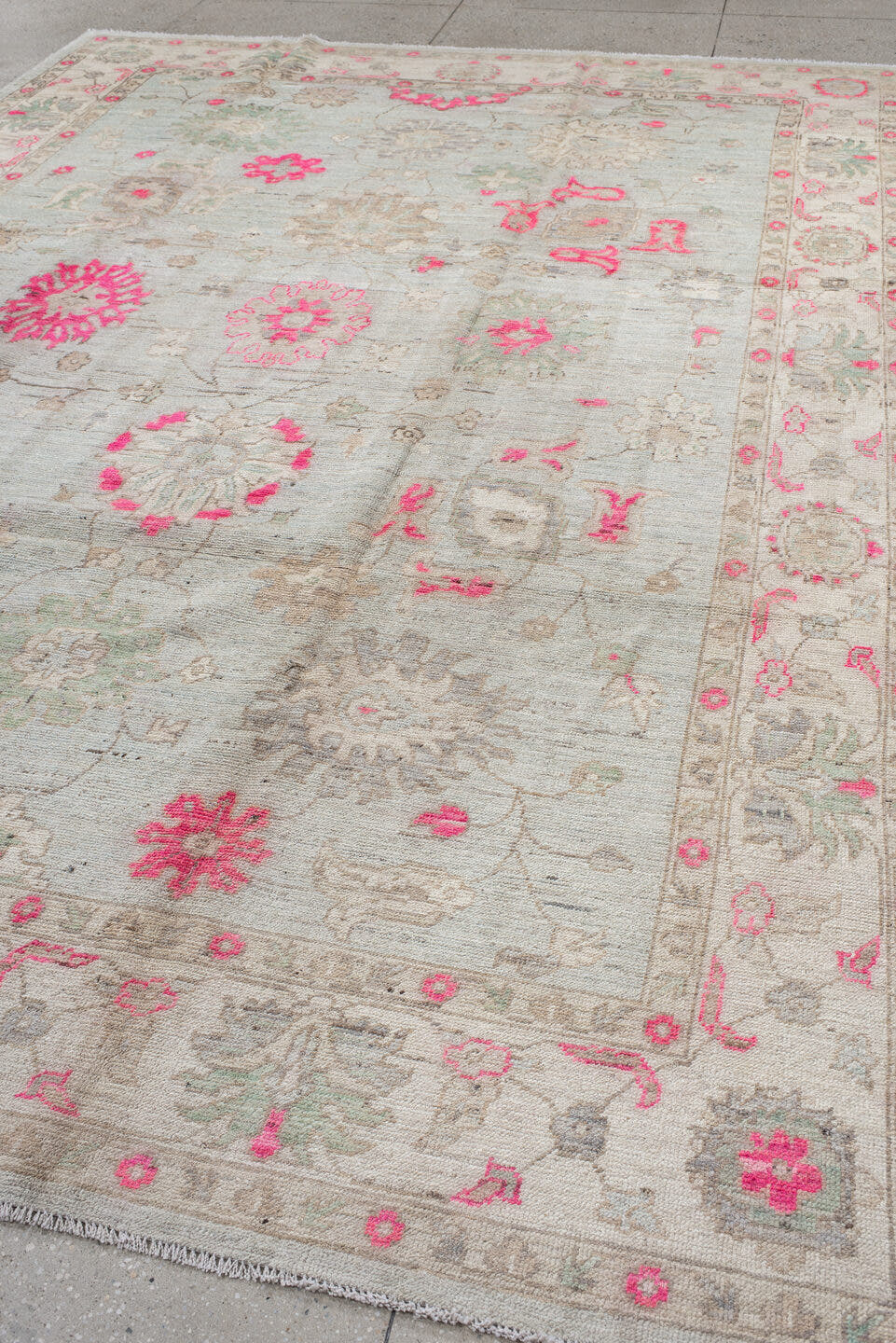 9' x 12' one-of-a-kind handmade vintage Oushak large size rug. Color palette: ivory, pale blue, hot pink, taupe, sage, cream