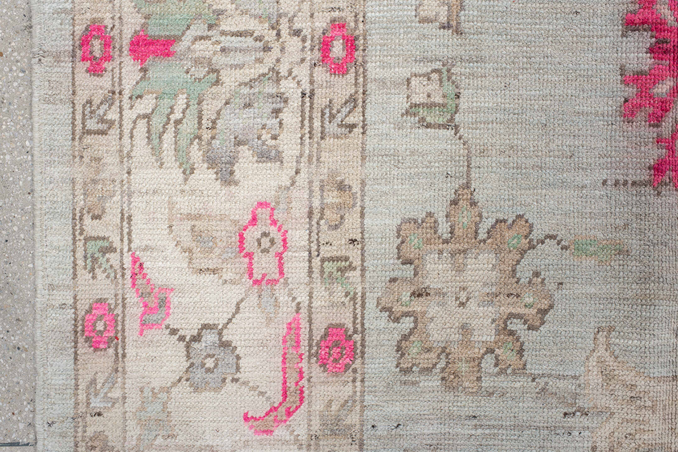 9' x 12' one-of-a-kind handmade vintage Oushak large size rug. Color palette: ivory, pale blue, hot pink, taupe, sage, cream