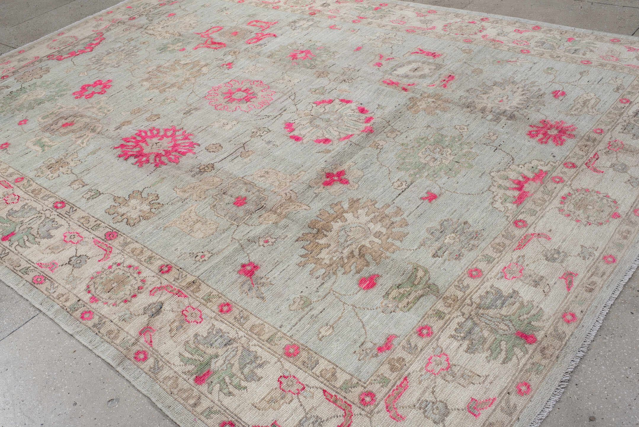 9' x 12' one-of-a-kind handmade vintage Oushak large size rug. Color palette: ivory, pale blue, hot pink, taupe, sage, cream