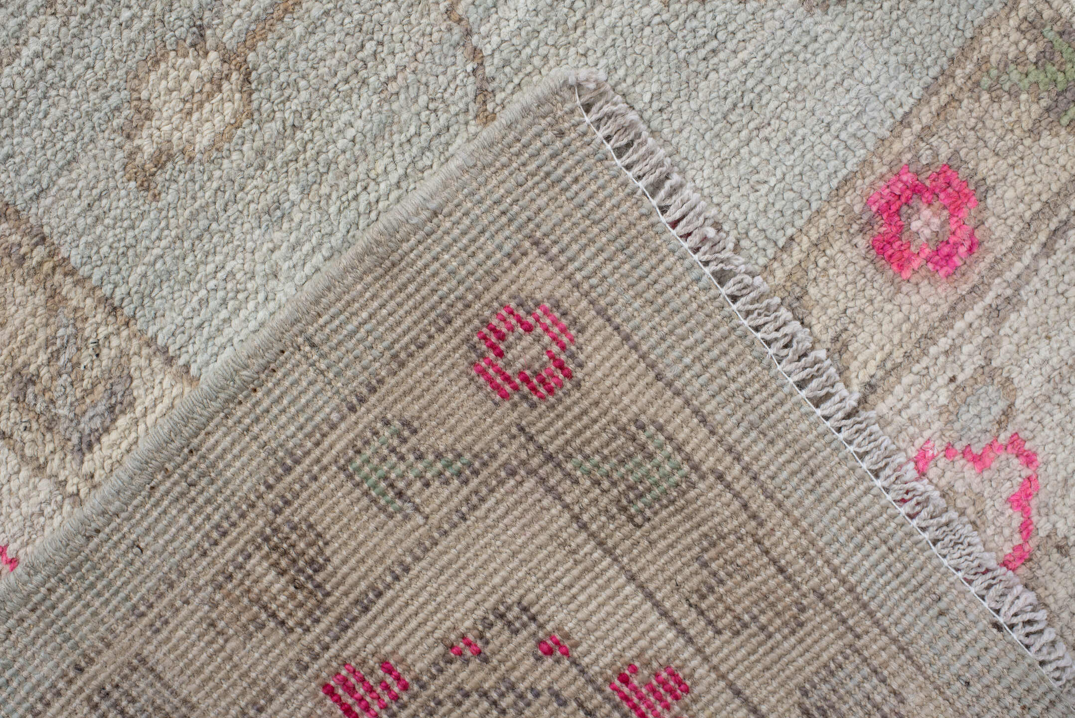 9' x 12' one-of-a-kind handmade vintage Oushak large size rug. Color palette: ivory, pale blue, hot pink, taupe, sage, cream