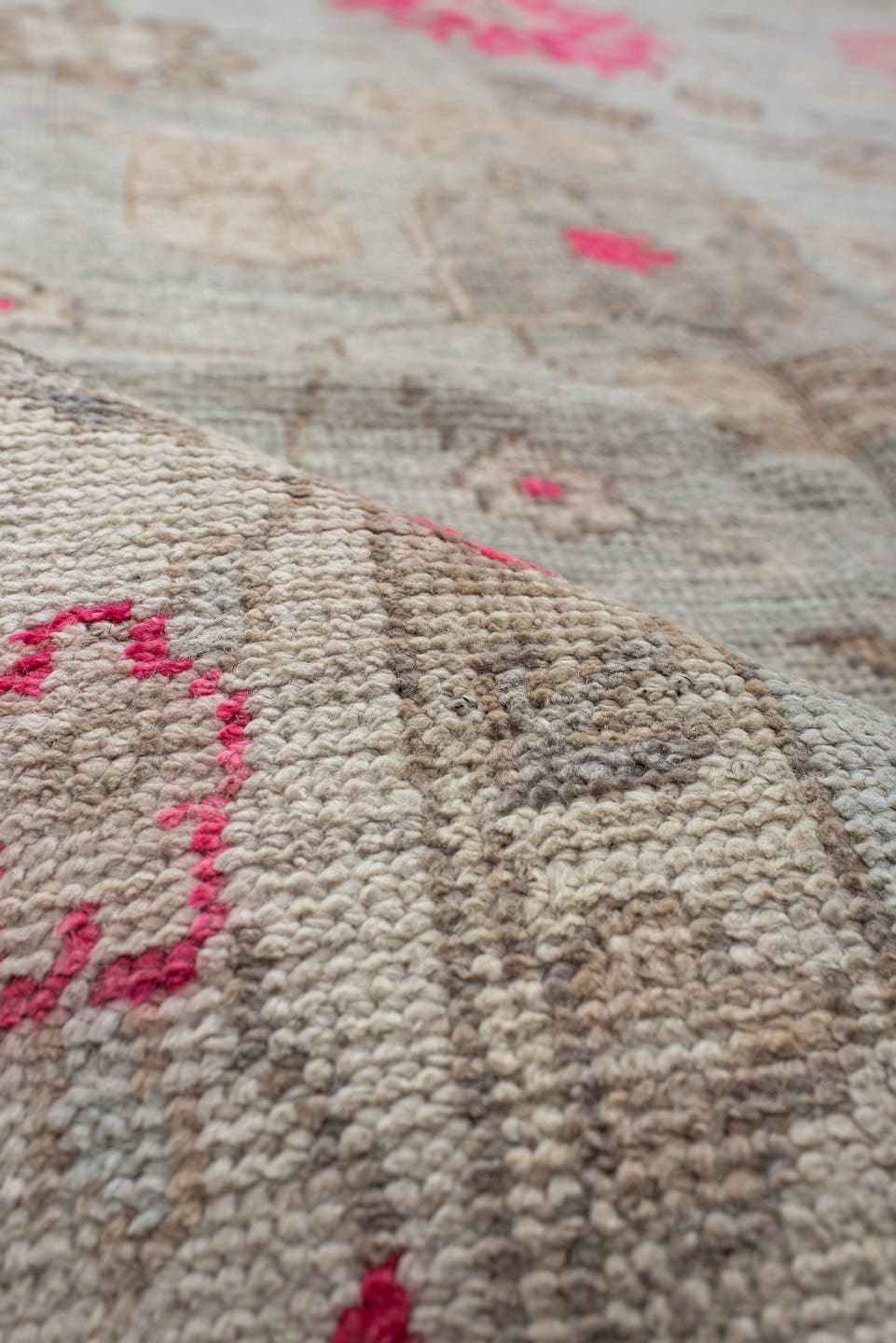9' x 12' one-of-a-kind handmade vintage Oushak large size rug. Color palette: ivory, pale blue, hot pink, taupe, sage, cream