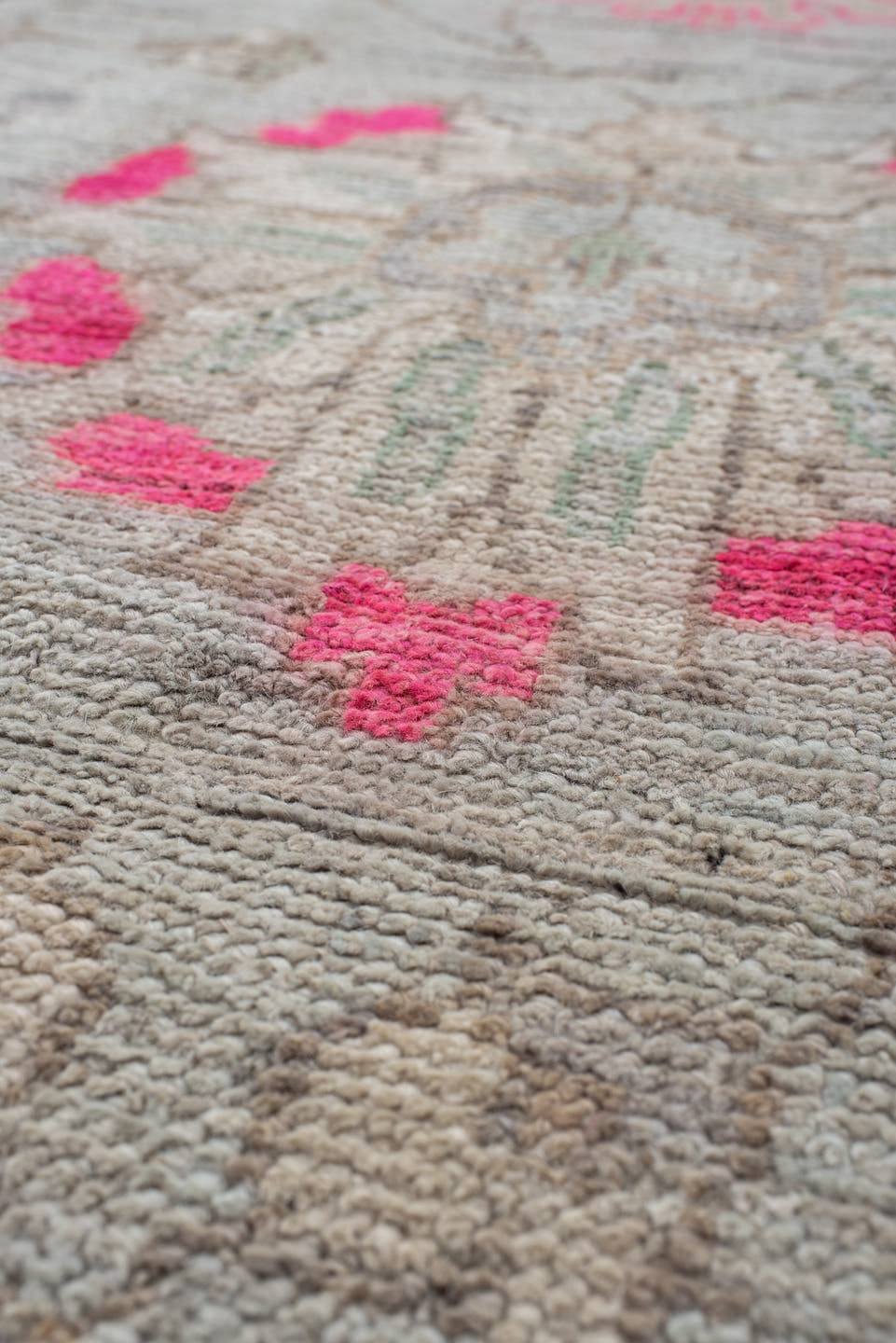 9' x 12' one-of-a-kind handmade vintage Oushak large size rug. Color palette: ivory, pale blue, hot pink, taupe, sage, cream