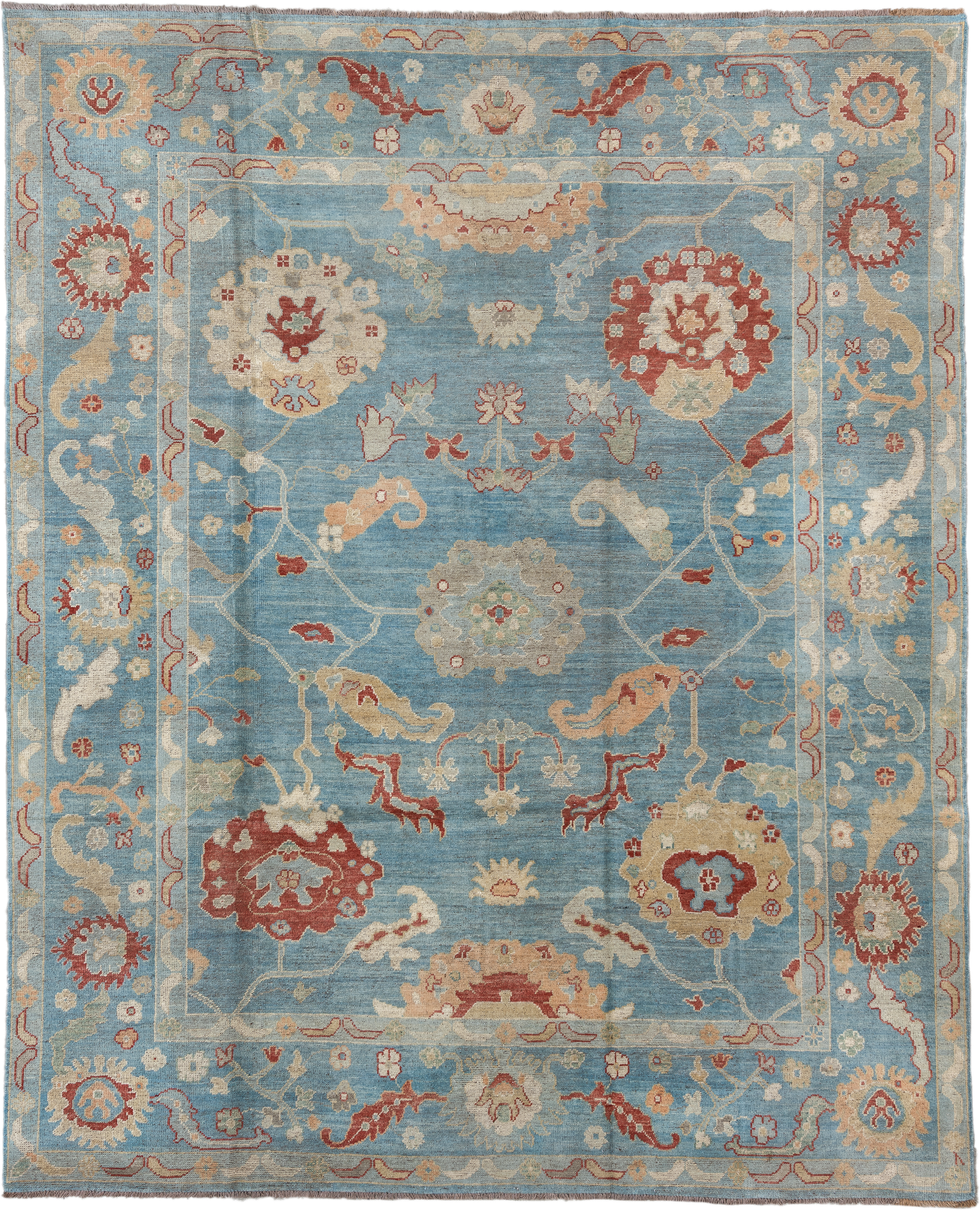 7' x 9' one-of-a-kind handmade vintage Oushak rug. Color palette: sky blue, ivory, rust, blush, beige, sage, light blue