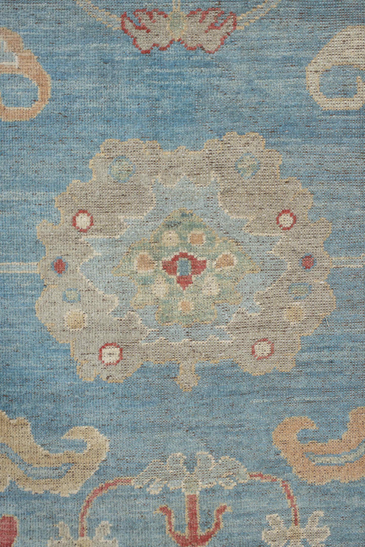 7' x 9' one-of-a-kind handmade vintage Oushak rug. Color palette: sky blue, ivory, rust, blush, beige, sage, light blue