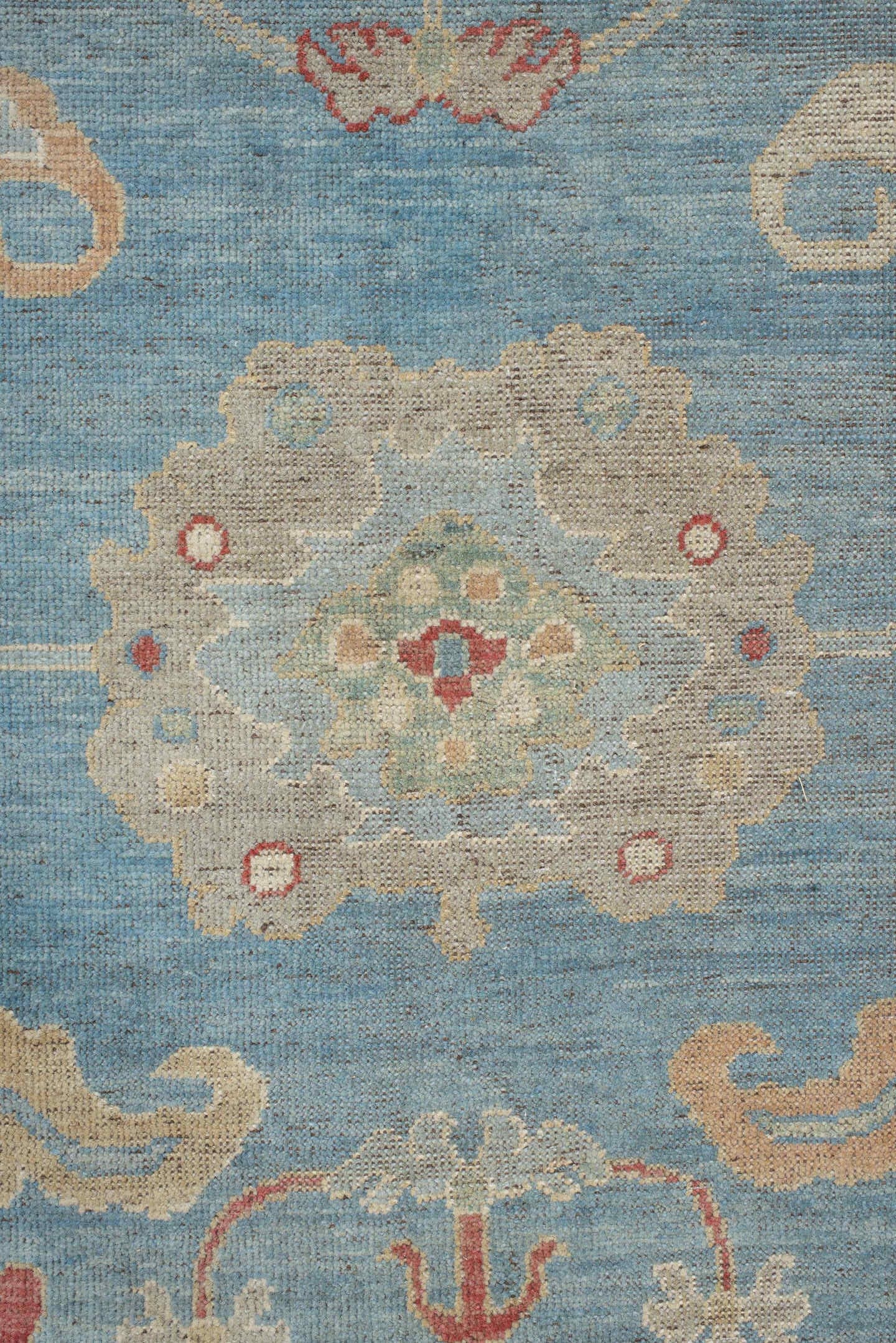 7' x 9' one-of-a-kind handmade vintage Oushak rug. Color palette: sky blue, ivory, rust, blush, beige, sage, light blue