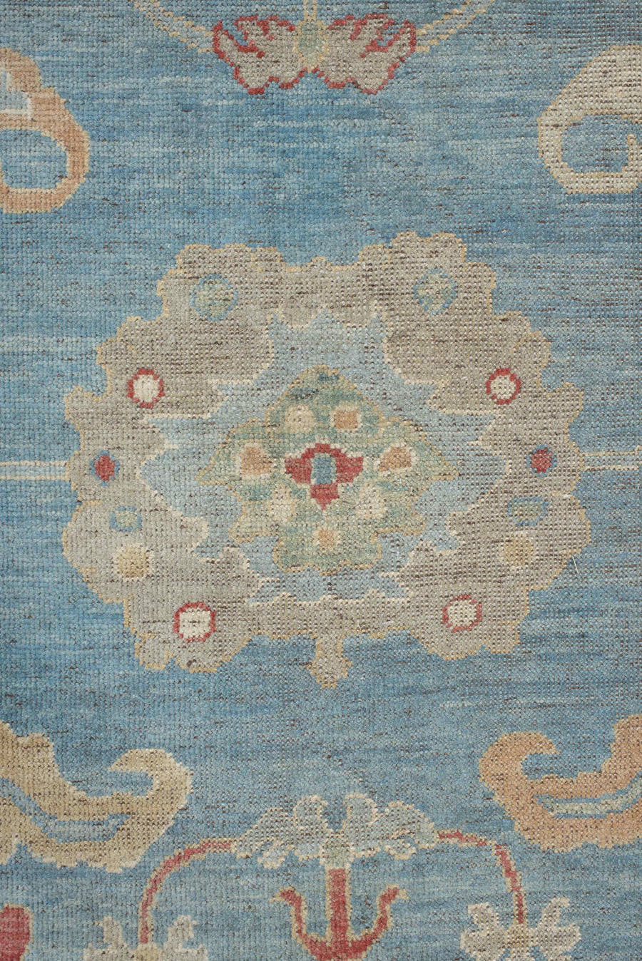 7' x 9' one-of-a-kind handmade vintage Oushak rug. Color palette: sky blue, ivory, rust, blush, beige, sage, light blue