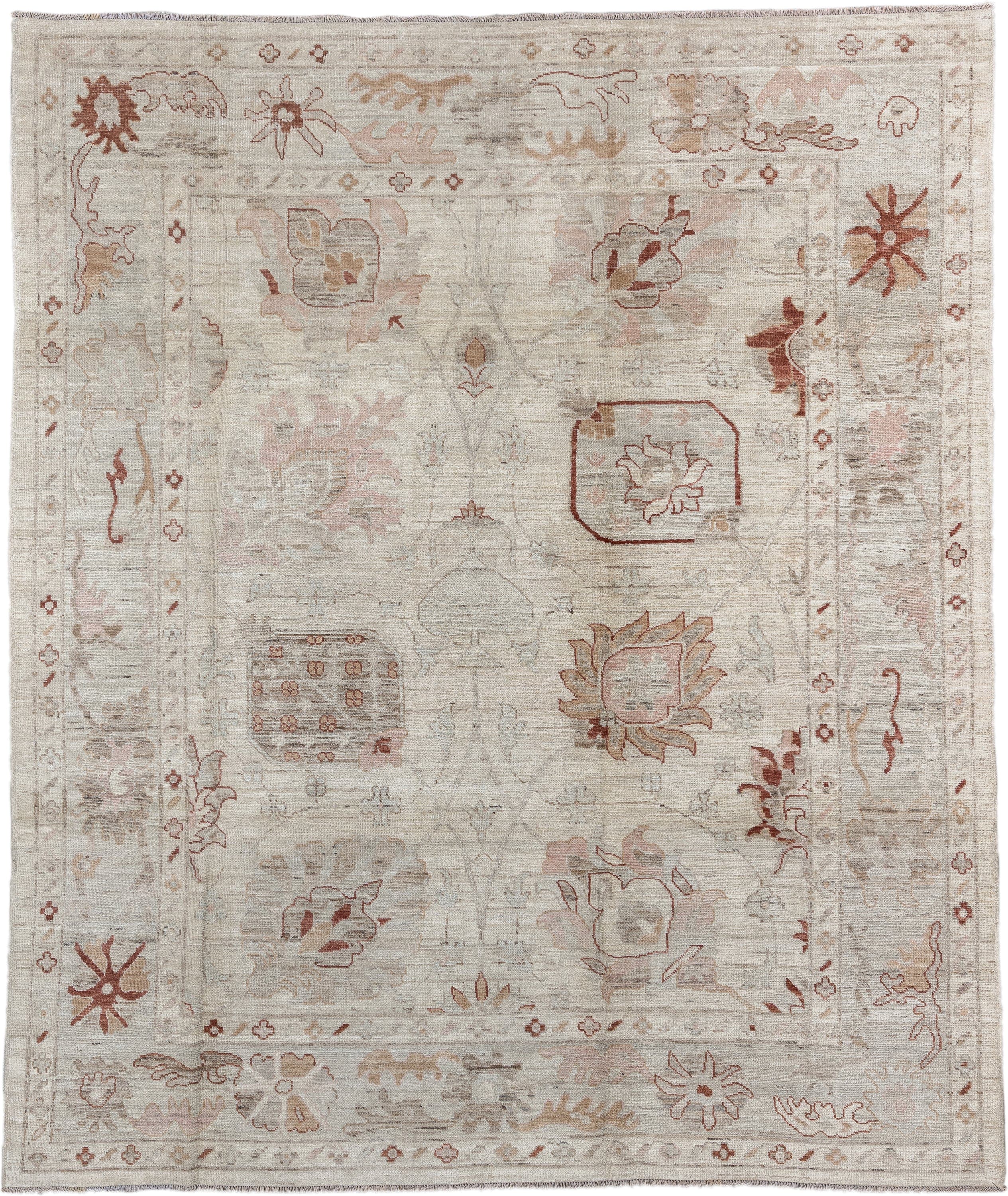 8' x 9' one-of-a-kind handmade vintage Oushak rug. Color palette: beige, ivory, taupe, blush, rust, camel, sage, gray, pink