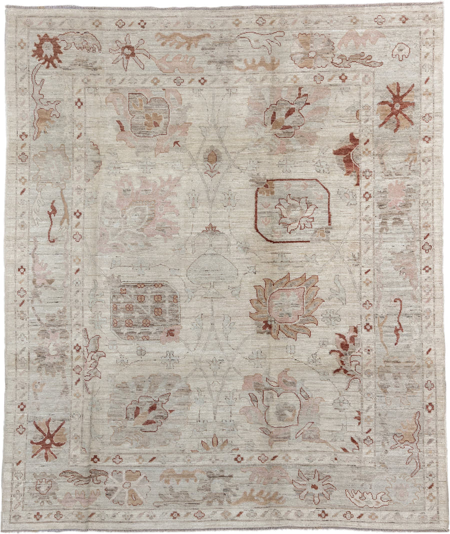 8' x 9' one-of-a-kind handmade vintage Oushak rug. Color palette: beige, ivory, taupe, blush, rust, camel, sage, gray, pink