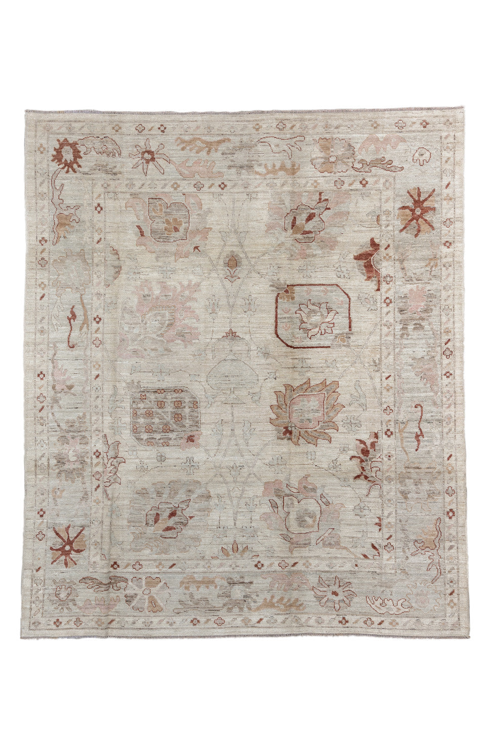 8' x 9' one-of-a-kind handmade vintage Oushak rug. Color palette: brown, gray, light gray, off-white, pink