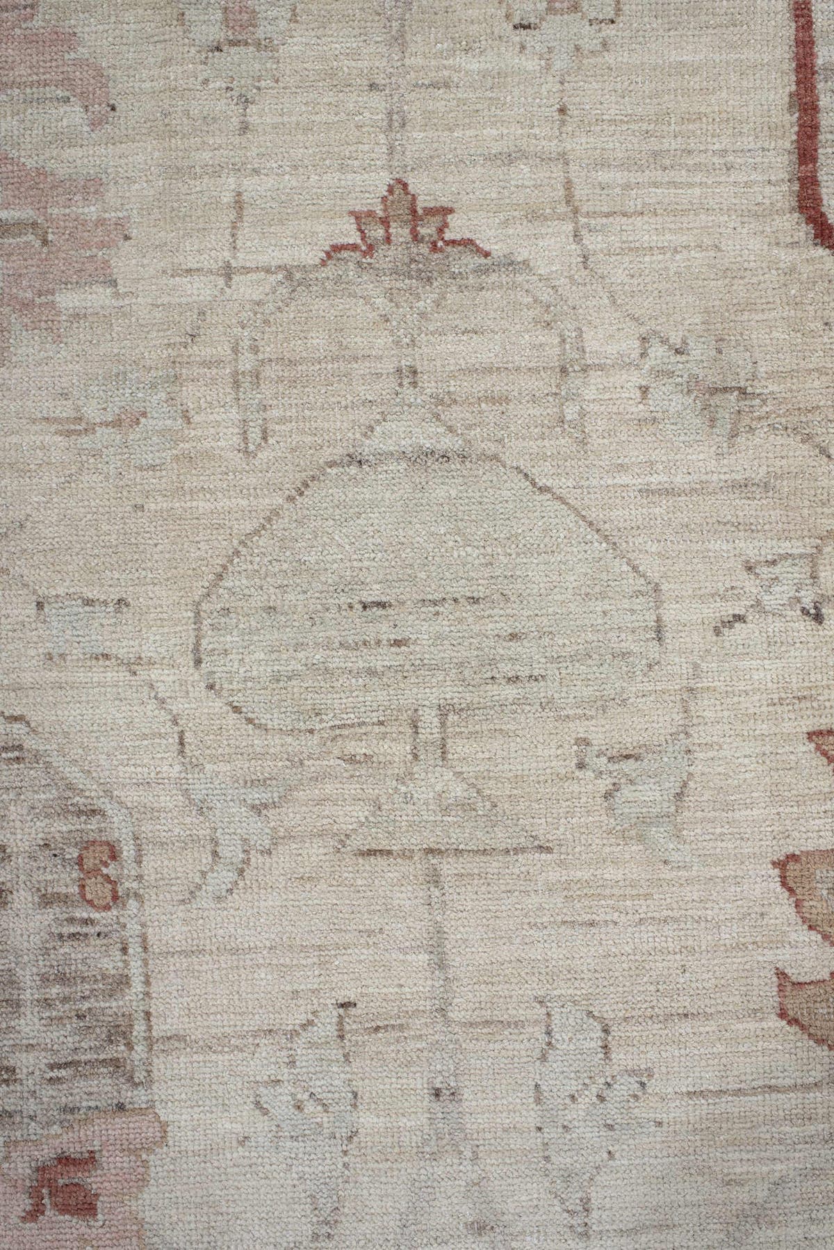8' x 9' one-of-a-kind handmade vintage Oushak rug. Color palette: beige, ivory, taupe, blush, rust, camel, sage, gray, pink