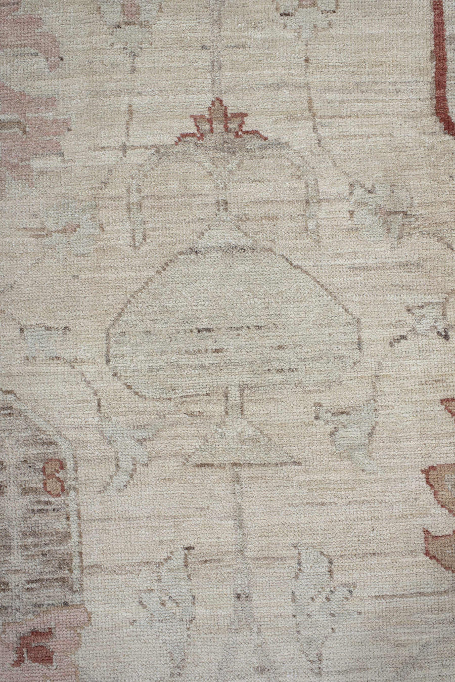 8' x 9' one-of-a-kind handmade vintage Oushak rug. Color palette: beige, ivory, taupe, blush, rust, camel, sage, gray, pink