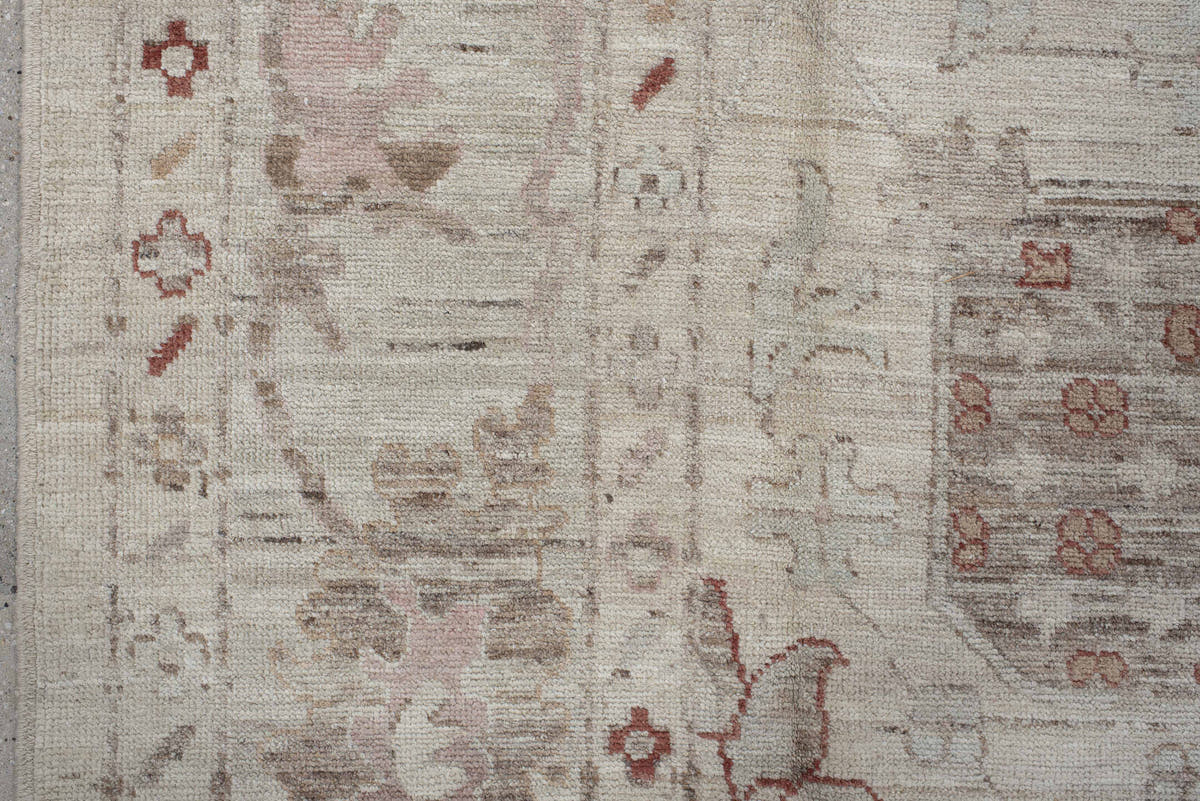 8' x 9' one-of-a-kind handmade vintage Oushak rug. Color palette: beige, ivory, taupe, blush, rust, camel, sage, gray, pink