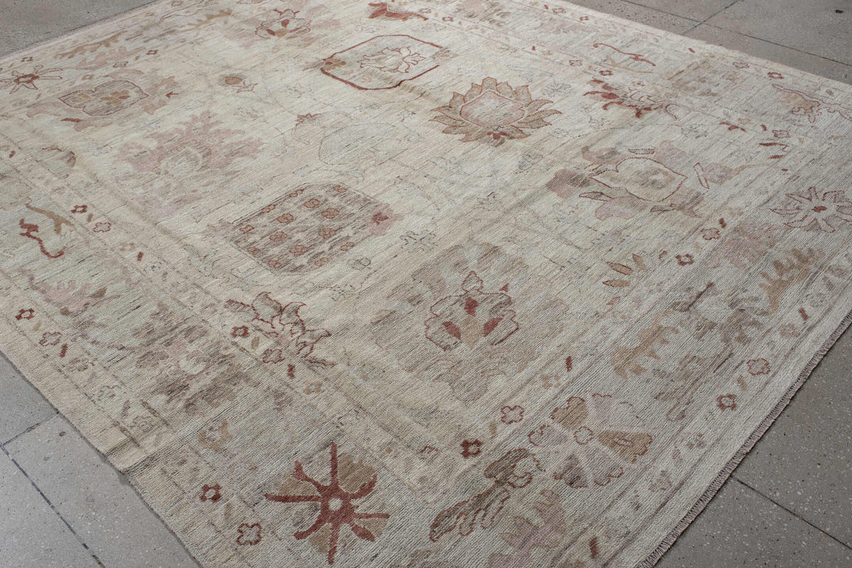 8' x 9' one-of-a-kind handmade vintage Oushak rug. Color palette: beige, ivory, taupe, blush, rust, camel, sage, gray, pink