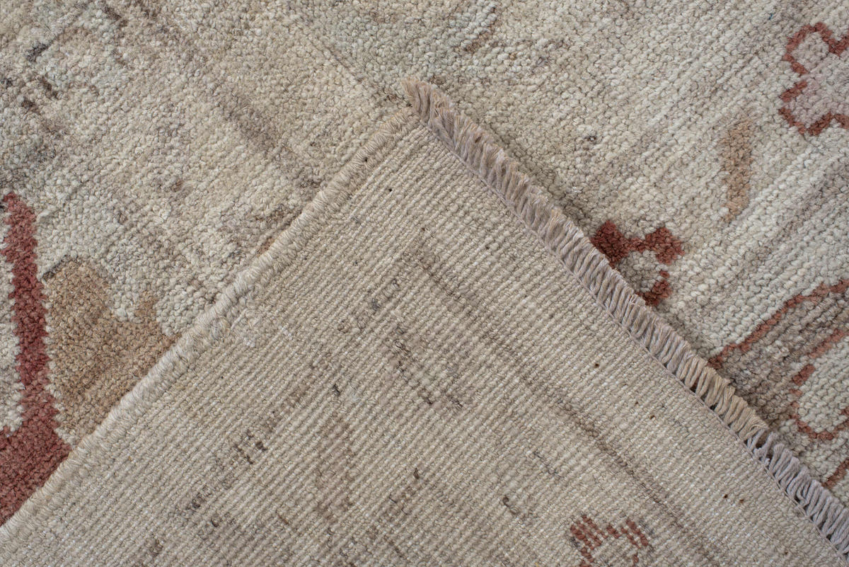 8' x 9' one-of-a-kind handmade vintage Oushak rug. Color palette: beige, ivory, taupe, blush, rust, camel, sage, gray, pink