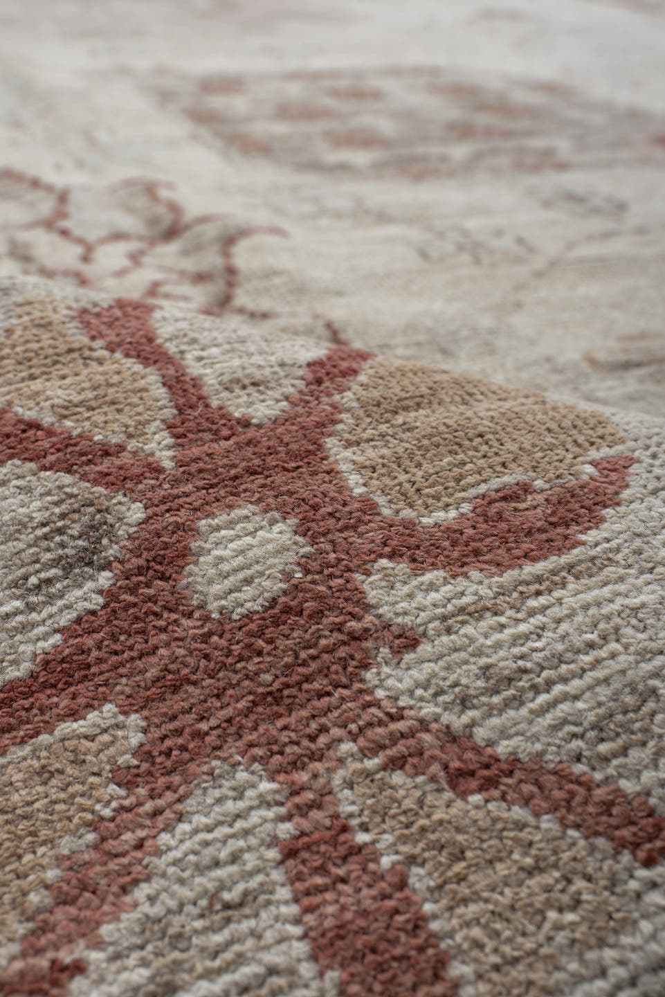 8' x 9' one-of-a-kind handmade vintage Oushak rug. Color palette: beige, ivory, taupe, blush, rust, camel, sage, gray, pink