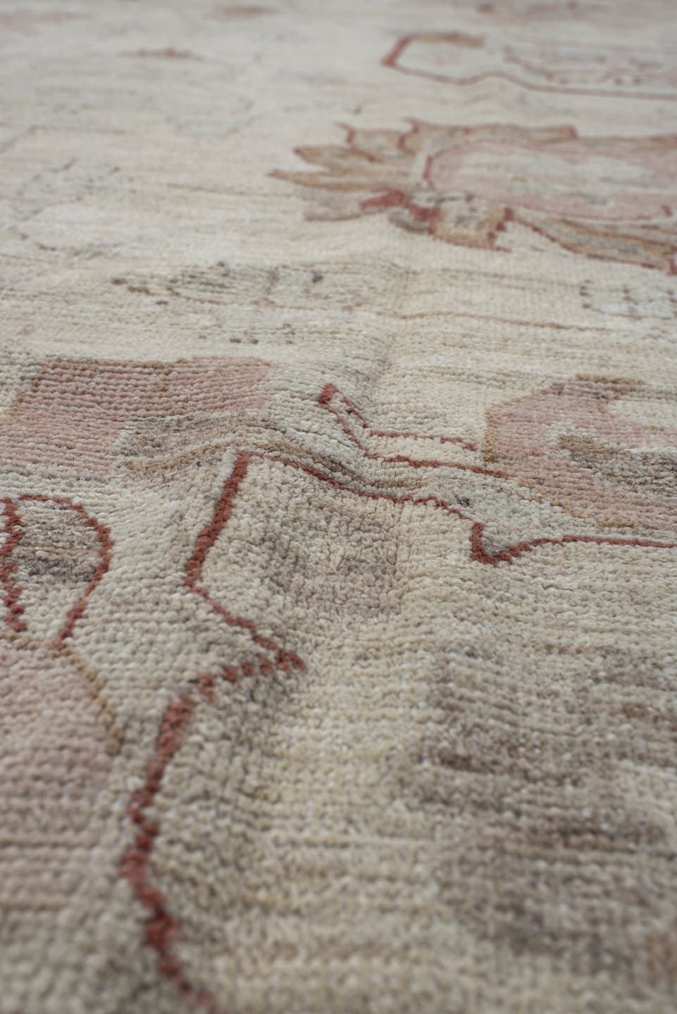 8' x 9' one-of-a-kind handmade vintage Oushak rug. Color palette: beige, ivory, taupe, blush, rust, camel, sage, gray, pink