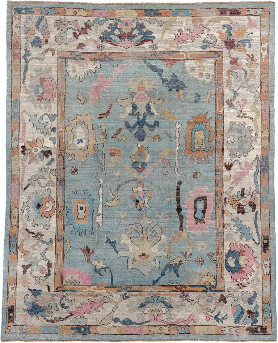 7' x 9' one-of-a-kind handmade vintage Oushak large size rug. Color palette: light blue, ivory, peach, pink, navy, taupe