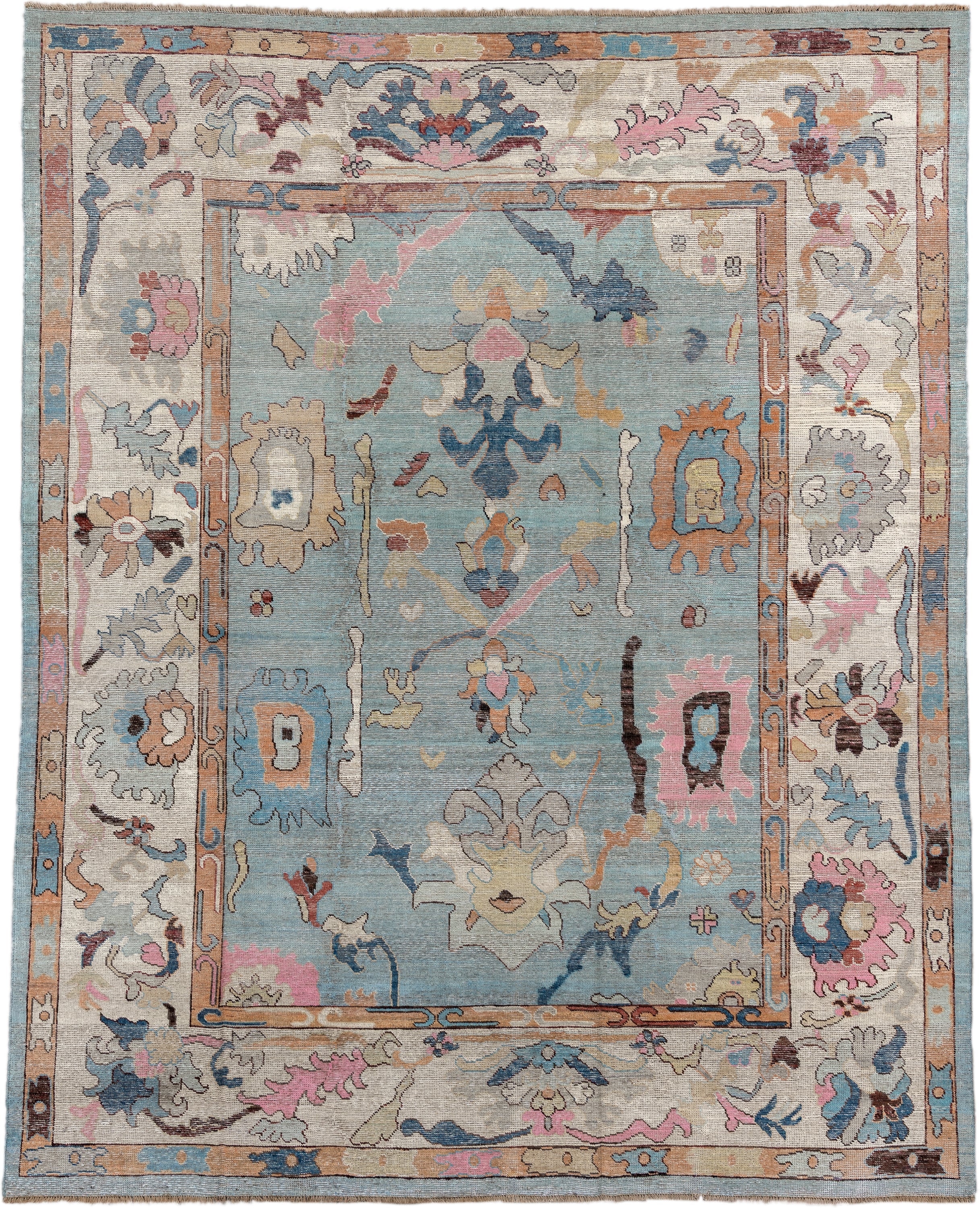 7' x 9' one-of-a-kind handmade vintage Oushak large size rug. Color palette: light blue, ivory, peach, pink, navy, taupe