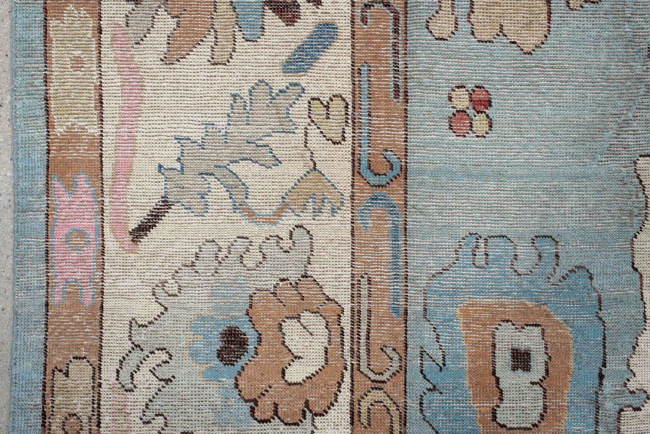 7' x 9' one-of-a-kind handmade vintage Oushak large size rug. Color palette: light blue, ivory, peach, pink, navy, taupe