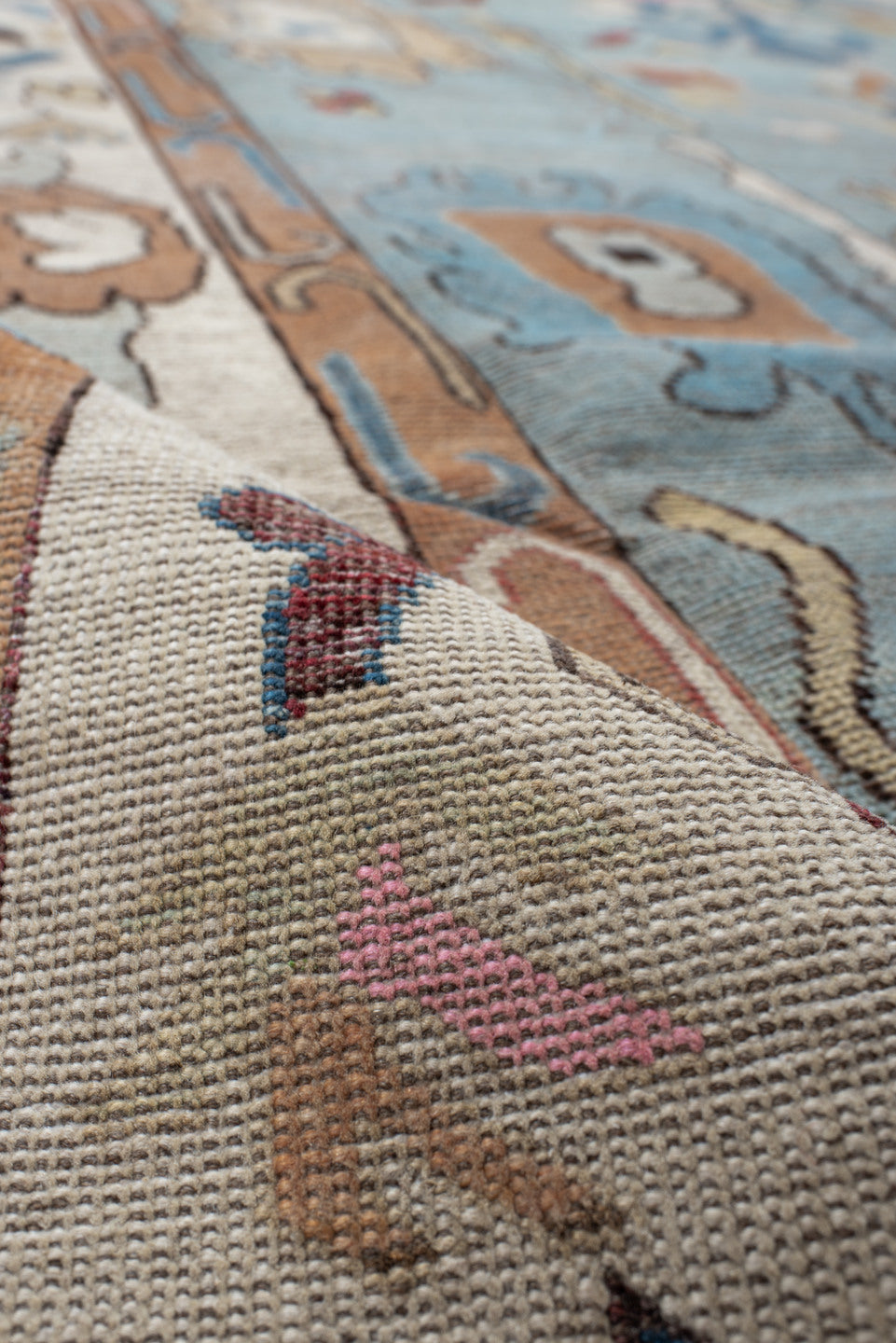 7' x 9' one-of-a-kind handmade vintage Oushak large size rug. Color palette: light blue, ivory, peach, pink, navy, taupe