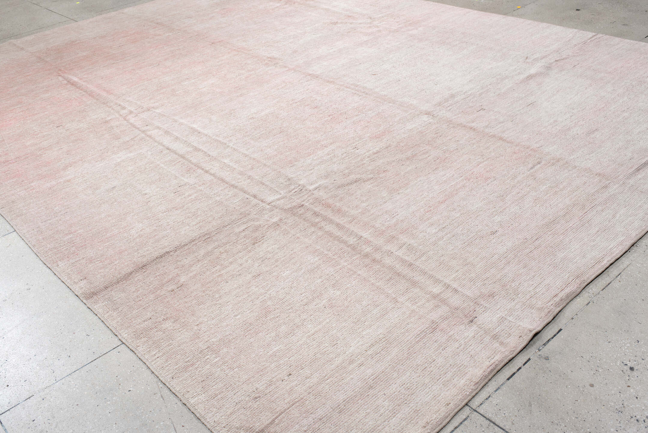 11' x 15' one-of-a-kind handmade vintage Tulu oversize rug. Color palette: gray, light gray, off-white, pink