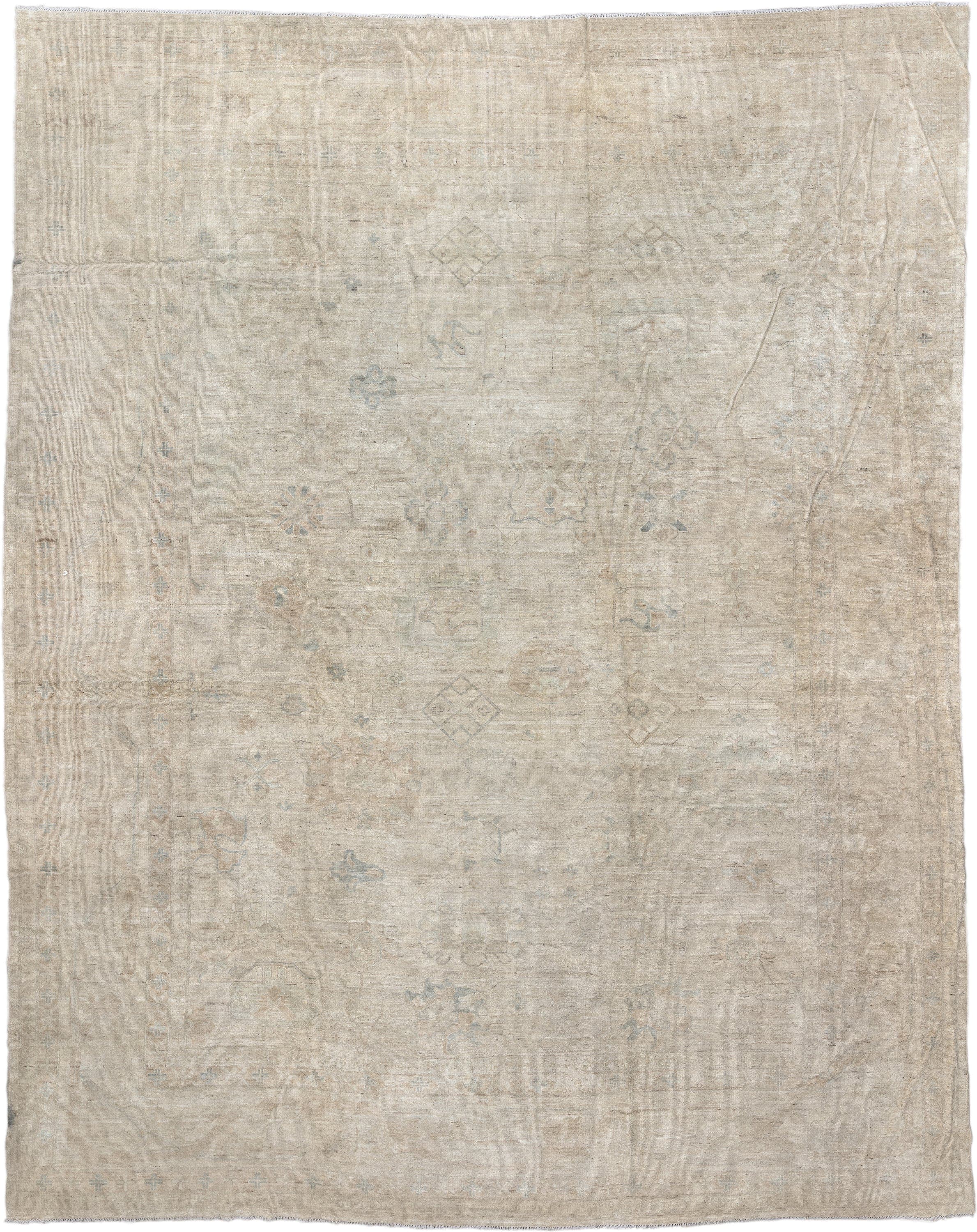 14' x 17' one-of-a-kind handmade vintage Tulu oversize rug. Color palette: ivory, beige, taupe, pale blue, cream, sand, gray
