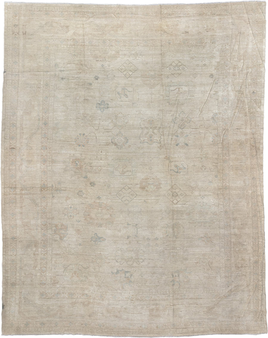 14' x 17' one-of-a-kind handmade vintage Tulu oversize rug. Color palette: ivory, beige, taupe, pale blue, cream, sand, gray