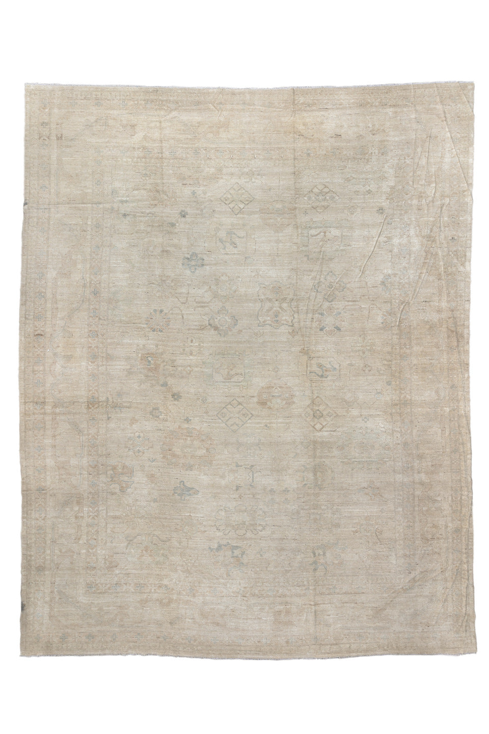 14' x 17' one-of-a-kind handmade vintage Tulu oversize rug. Color palette: brown, gray, light gray, off-white, silver