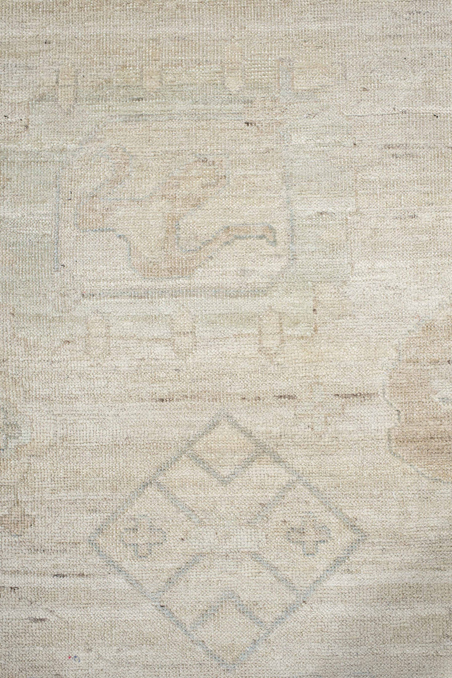14' x 17' one-of-a-kind handmade vintage Tulu oversize rug. Color palette: ivory, beige, taupe, pale blue, cream, sand, gray