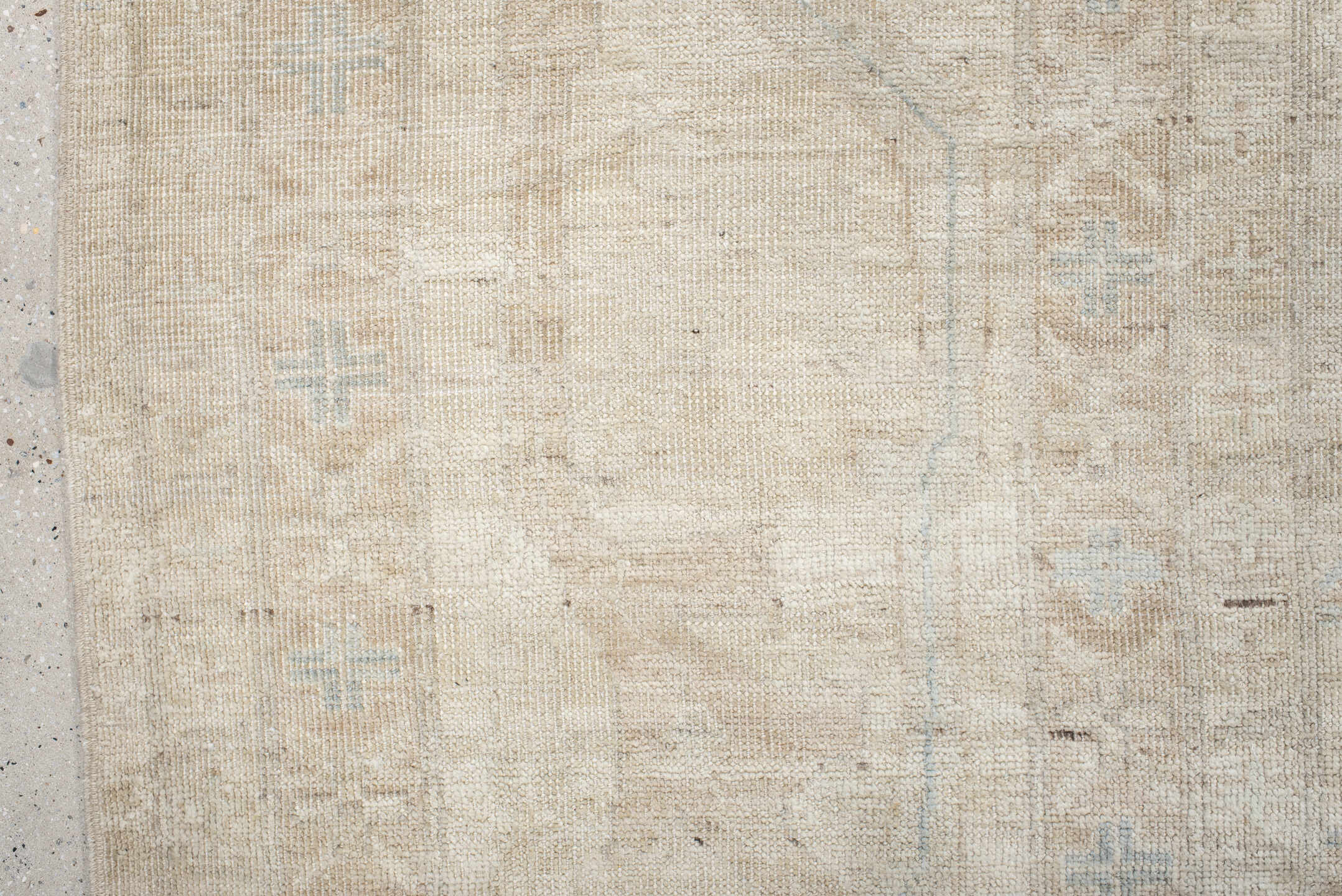 14' x 17' one-of-a-kind handmade vintage Tulu oversize rug. Color palette: ivory, beige, taupe, pale blue, cream, sand, gray