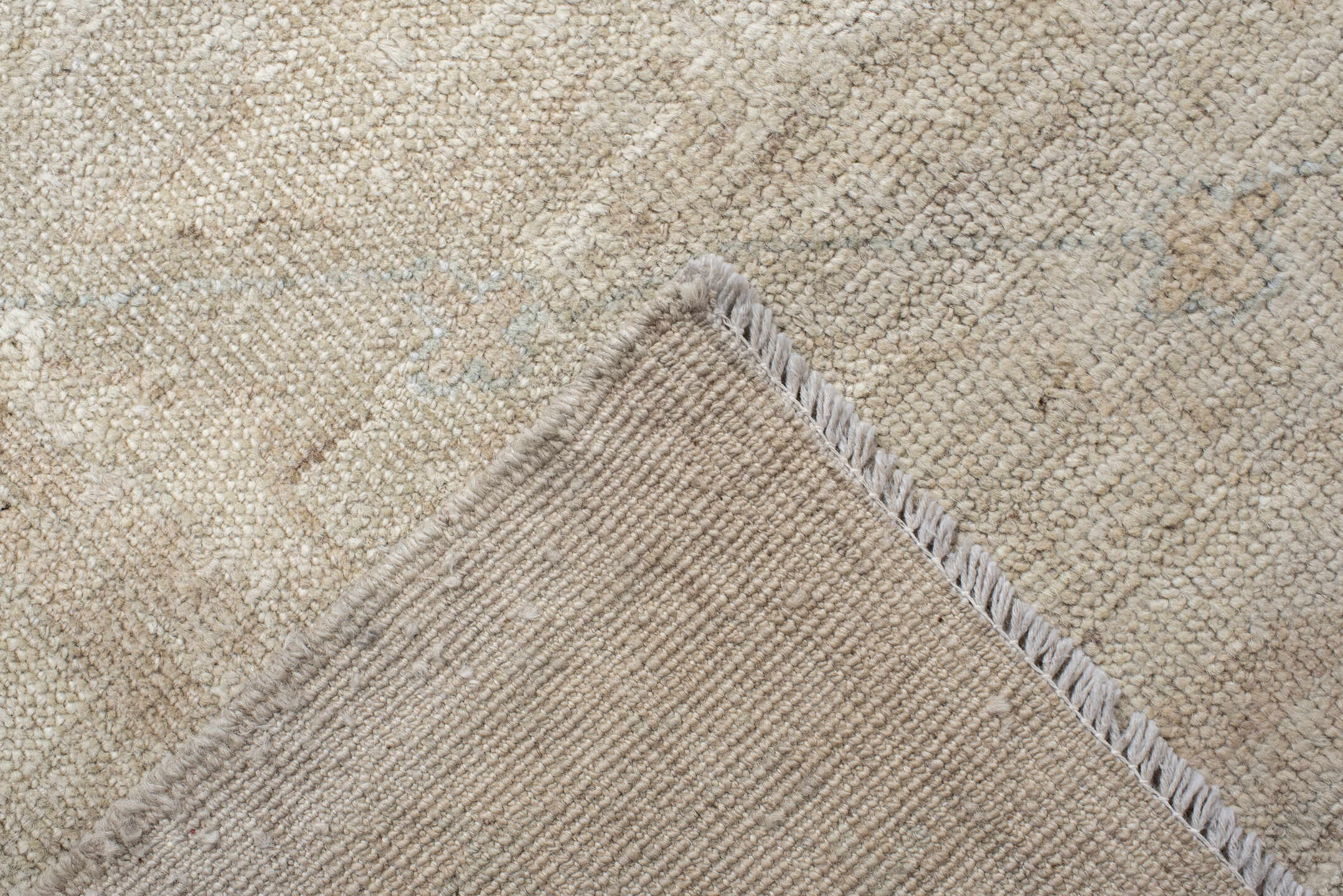 14' x 17' one-of-a-kind handmade vintage Tulu oversize rug. Color palette: ivory, beige, taupe, pale blue, cream, sand, gray
