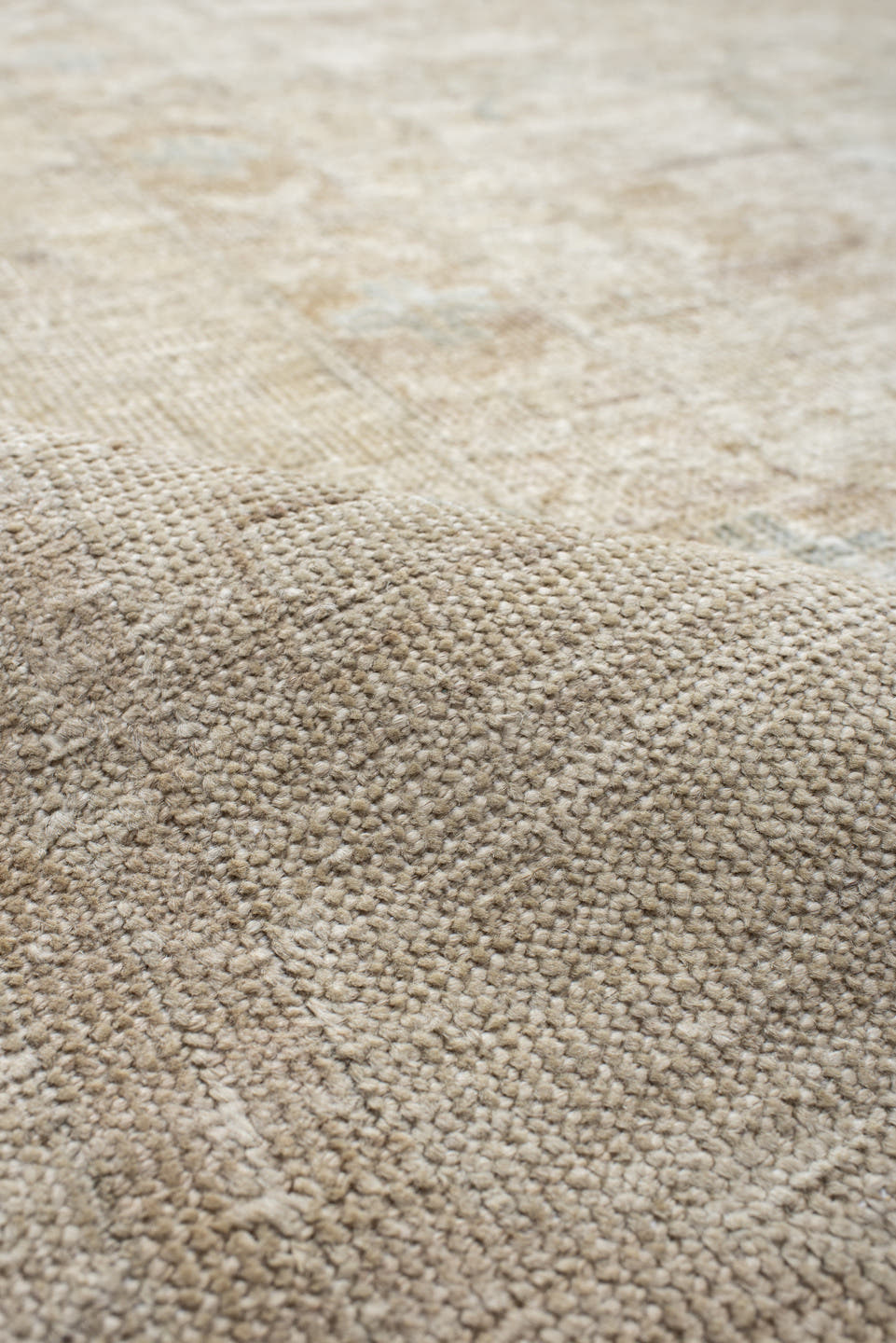 14' x 17' one-of-a-kind handmade vintage Tulu oversize rug. Color palette: ivory, beige, taupe, pale blue, cream, sand, gray