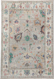 9' x 14' one-of-a-kind handmade vintage Oushak large size rug. Color palette: ivory, pale gray, aqua, coral, blue, sage