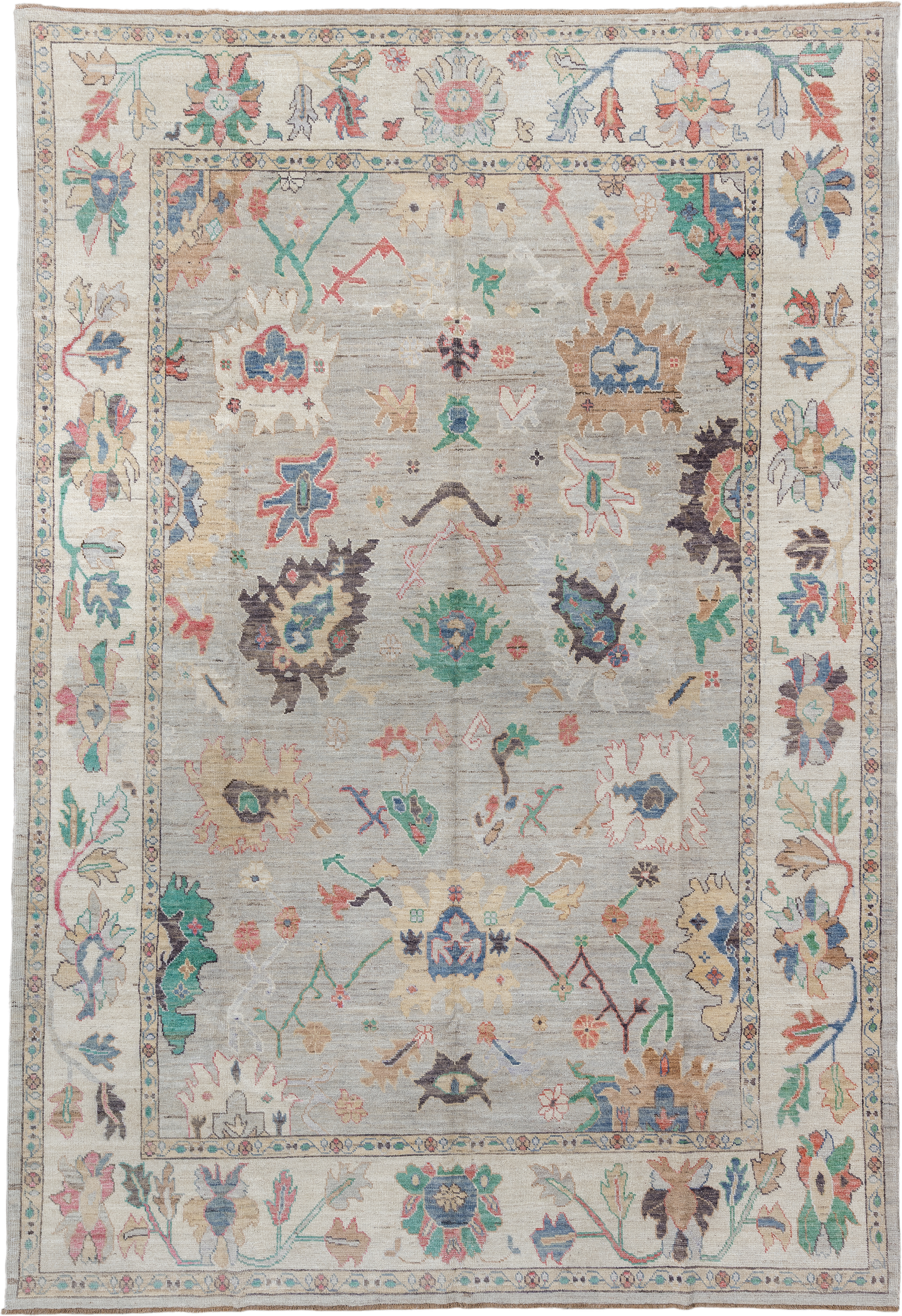 9' x 14' one-of-a-kind handmade vintage Oushak large size rug. Color palette: ivory, pale gray, aqua, coral, blue, sage