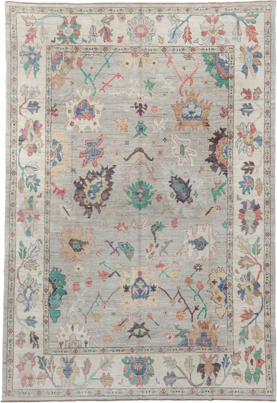9' x 14' one-of-a-kind handmade vintage Oushak large size rug. Color palette: ivory, pale gray, aqua, coral, blue, sage