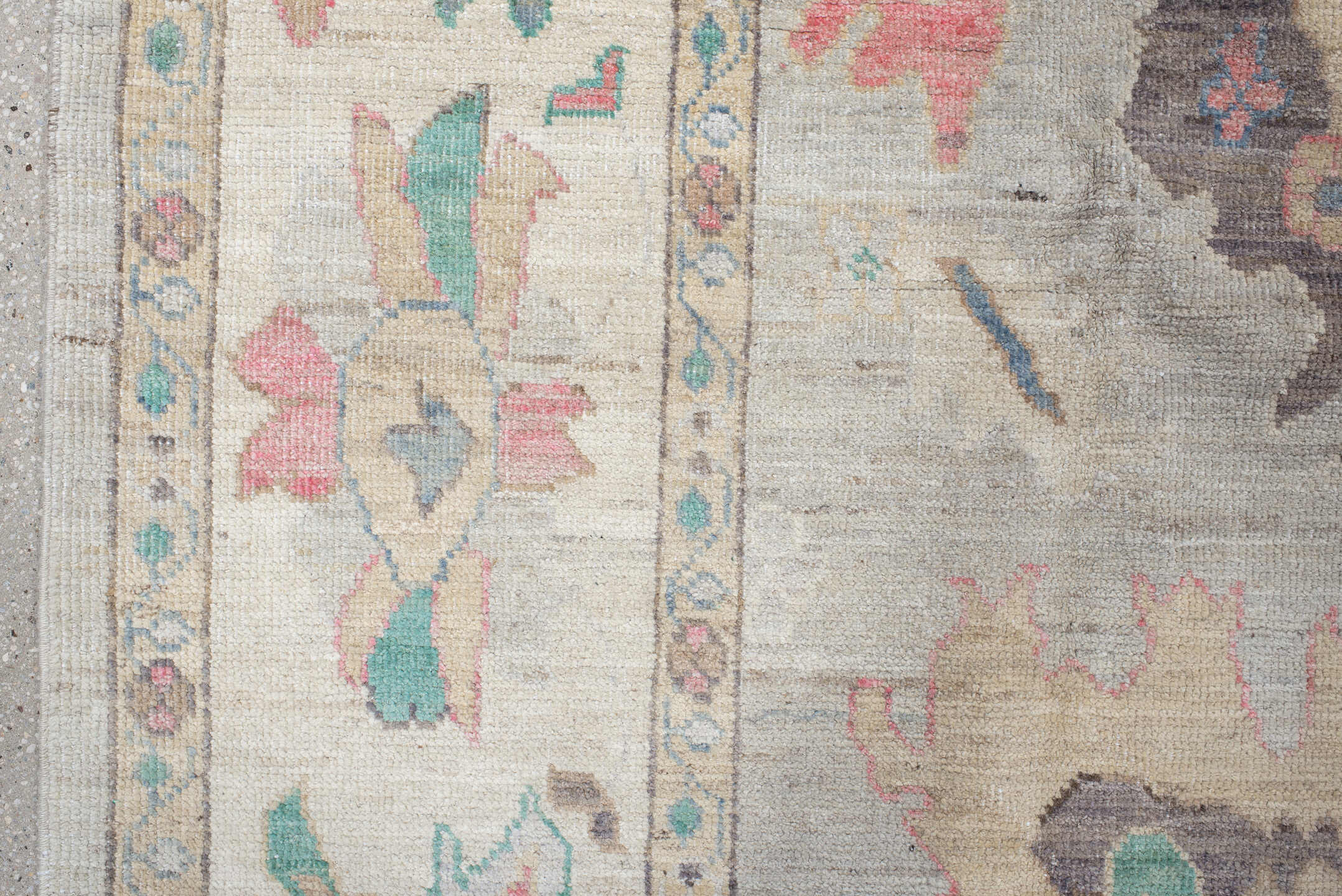 9' x 14' one-of-a-kind handmade vintage Oushak large size rug. Color palette: ivory, pale gray, aqua, coral, blue, sage