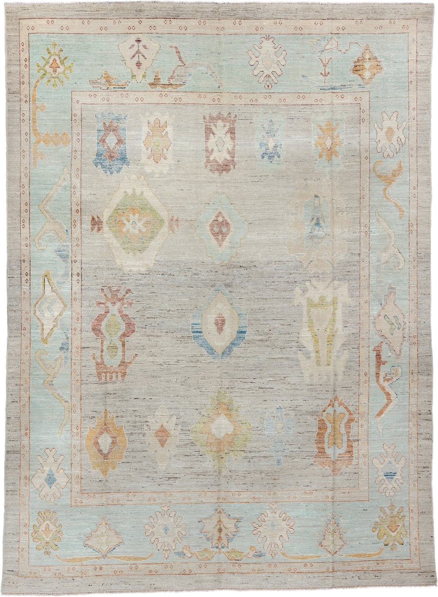 9' x 13' one-of-a-kind handmade vintage Oushak large size rug. Color palette: ivory, pale aqua, beige, sand, muted gold