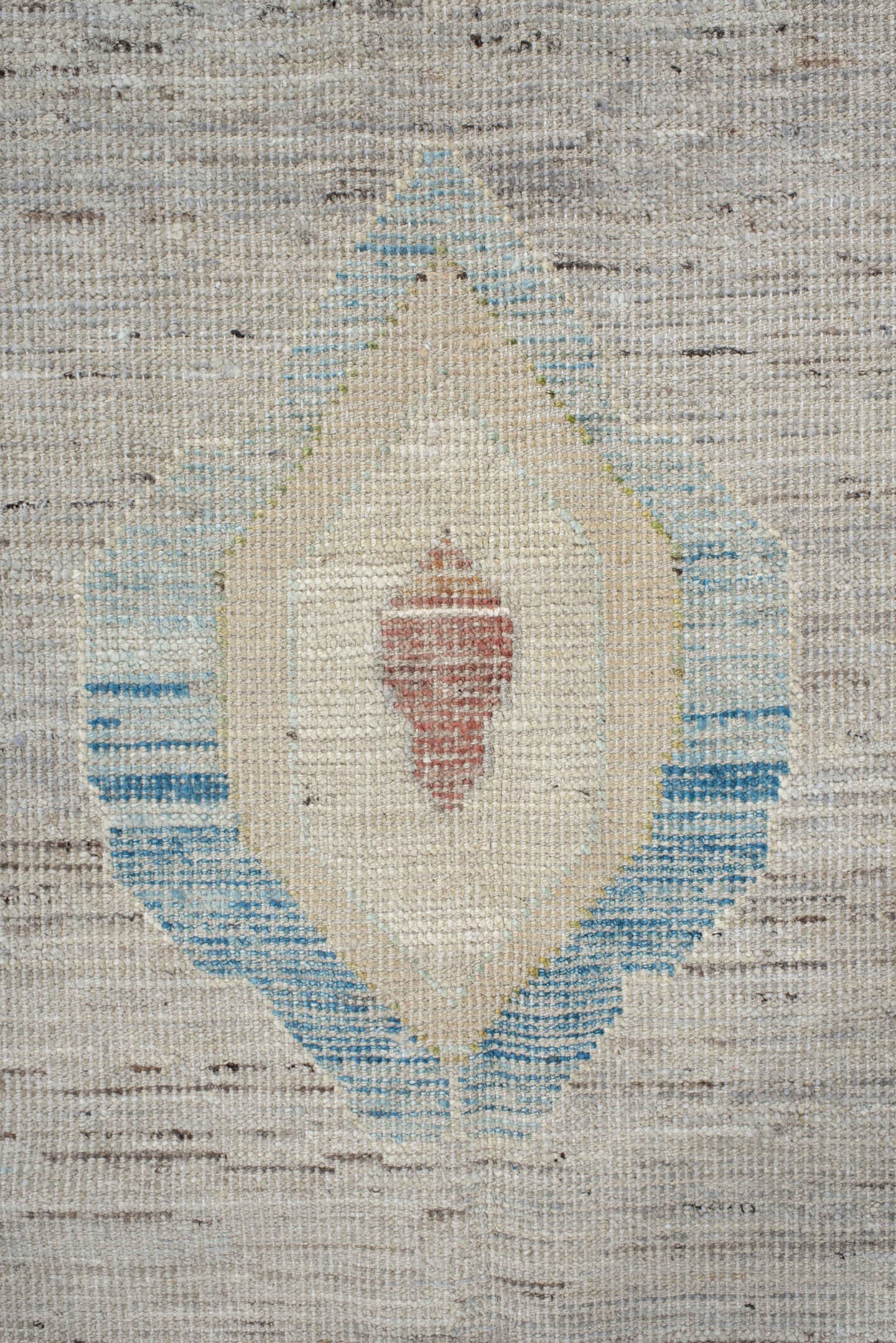 9' x 13' one-of-a-kind handmade vintage Oushak large size rug. Color palette: ivory, pale aqua, beige, sand, muted gold