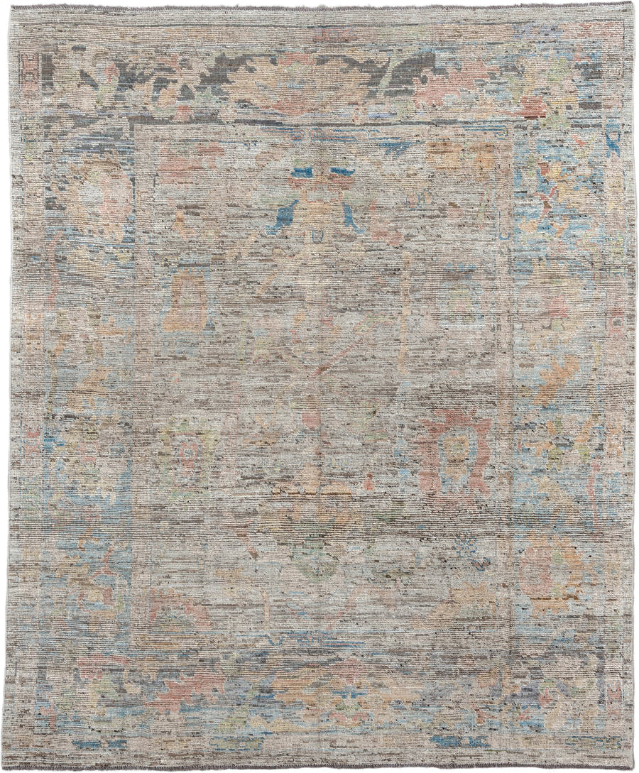 8' x 9' one-of-a-kind handmade vintage Oushak large size rug. Color palette: taupe, ivory, sky blue, blush, sage, sand