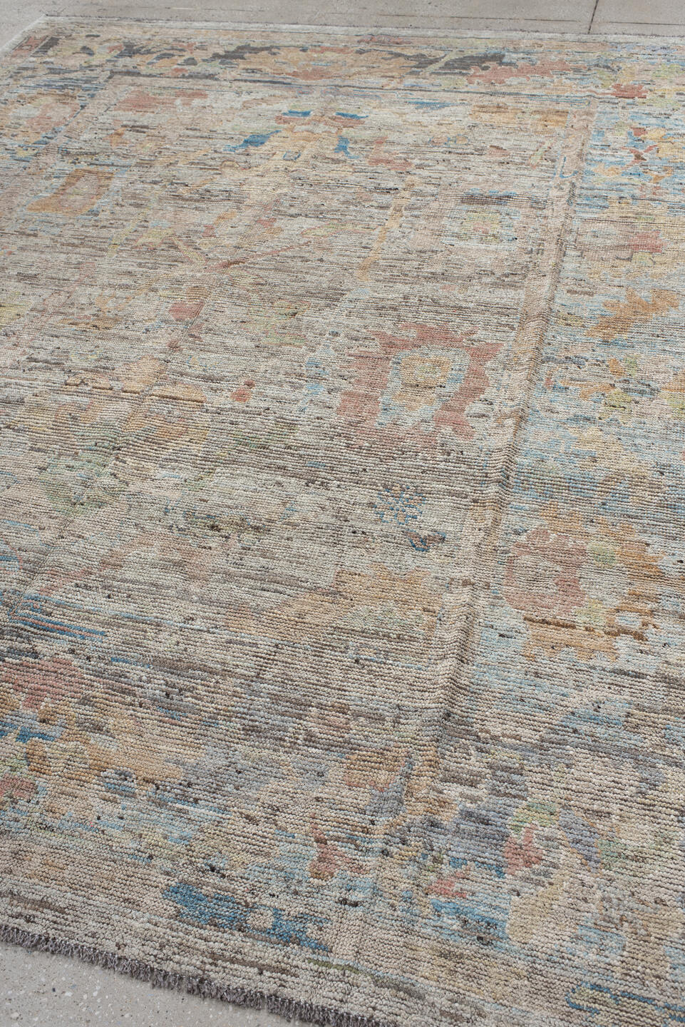 8' x 9' one-of-a-kind handmade vintage Oushak large size rug. Color palette: taupe, ivory, sky blue, blush, sage, sand