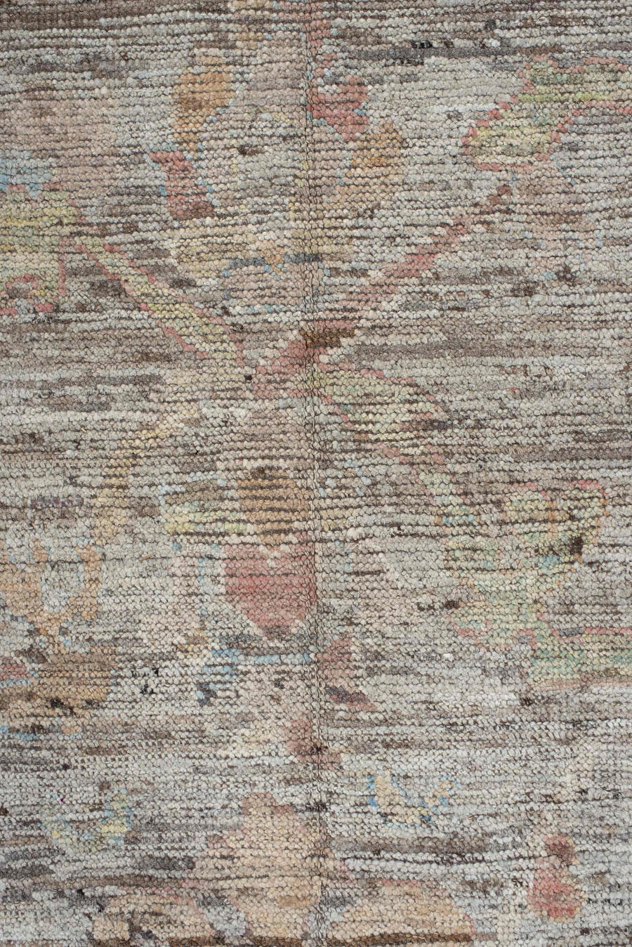 8' x 9' one-of-a-kind handmade vintage Oushak large size rug. Color palette: taupe, ivory, sky blue, blush, sage, sand