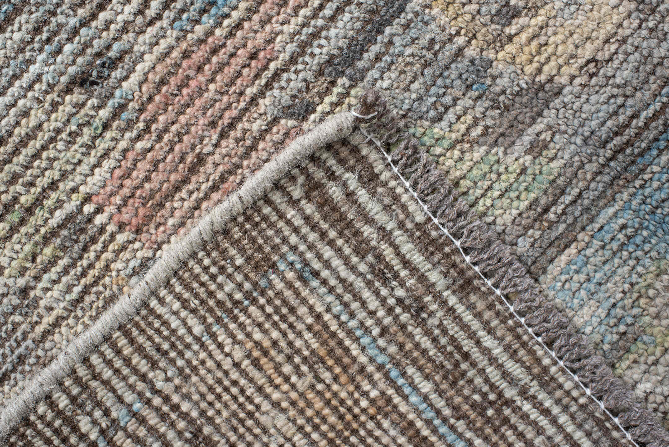 8' x 9' one-of-a-kind handmade vintage Oushak large size rug. Color palette: taupe, ivory, sky blue, blush, sage, sand