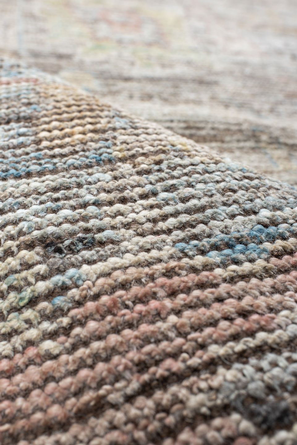 8' x 9' one-of-a-kind handmade vintage Oushak large size rug. Color palette: taupe, ivory, sky blue, blush, sage, sand