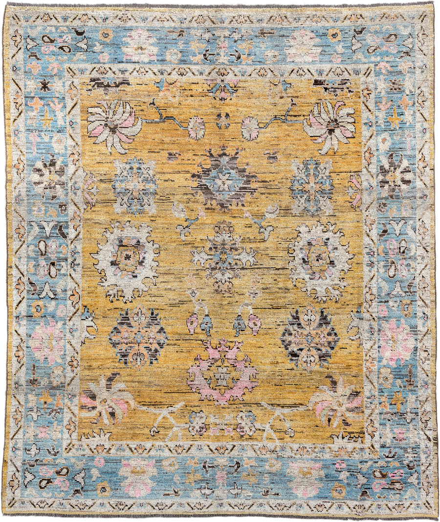 8' x 9' one-of-a-kind handmade vintage Oushak large size rug. Color palette: gold, sky_blue, ivory, pink, taupe, slate