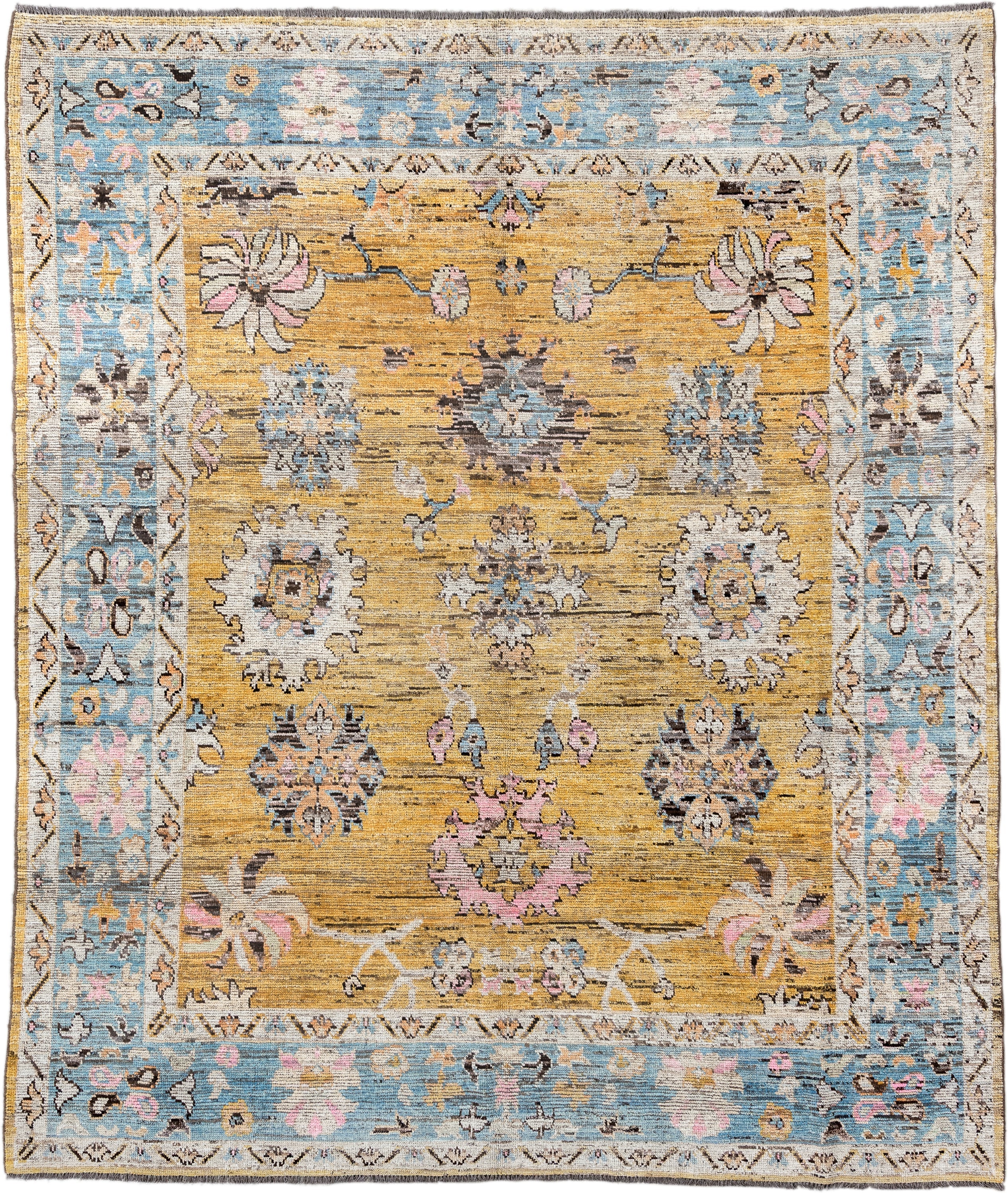 8' x 9' one-of-a-kind handmade vintage Oushak large size rug. Color palette: gold, sky_blue, ivory, pink, taupe, slate
