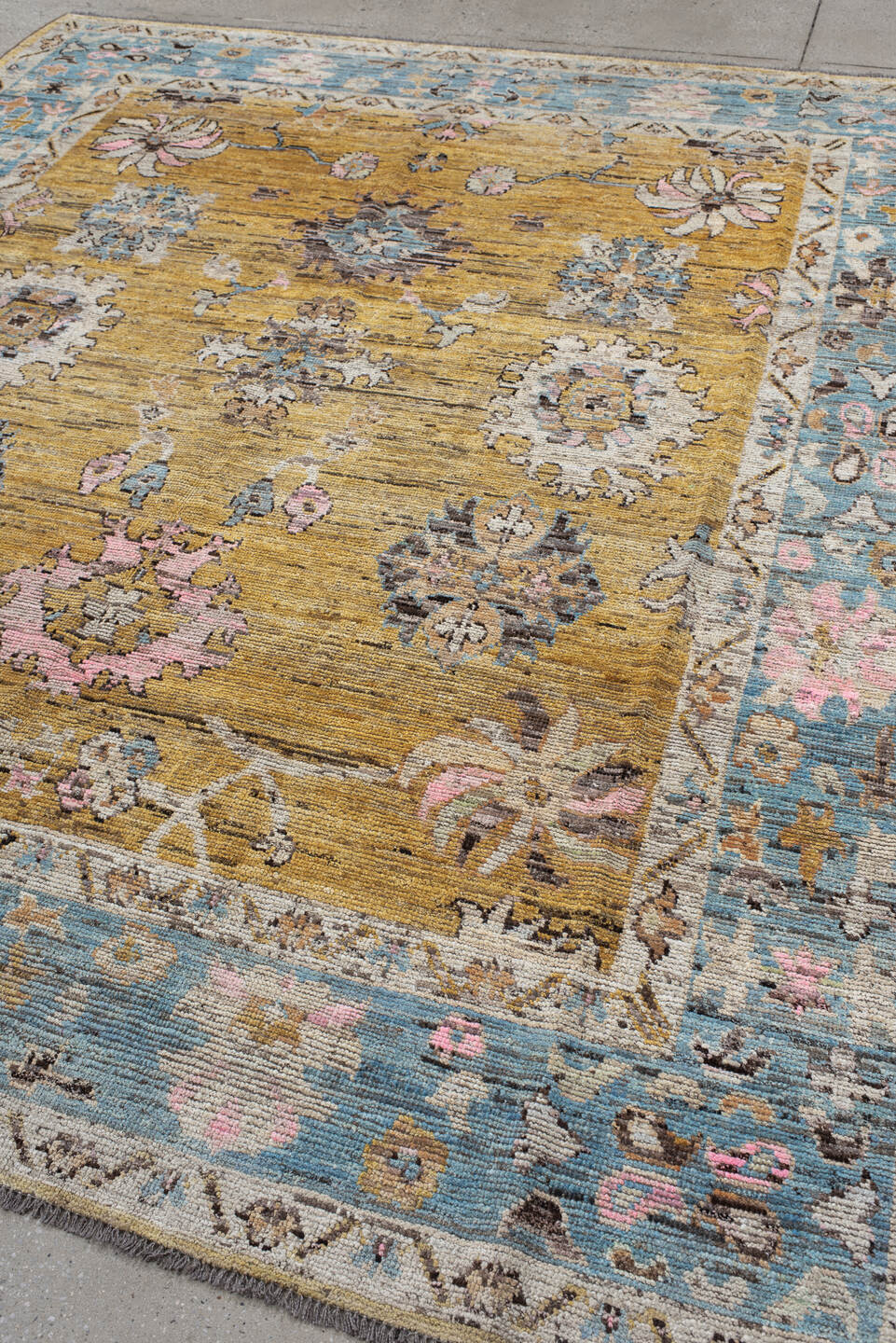 8' x 9' one-of-a-kind handmade vintage Oushak large size rug. Color palette: gold, sky_blue, ivory, pink, taupe, slate